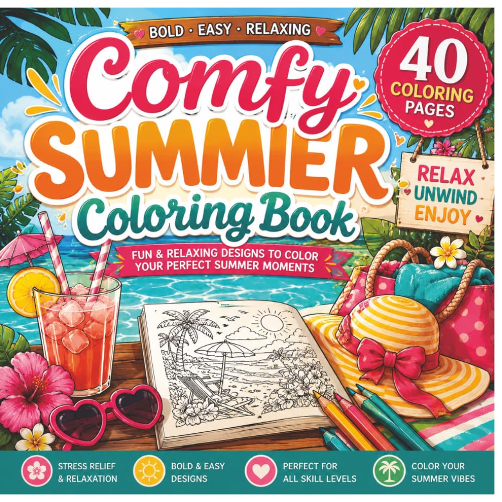 Comfy Summer Coloring Book: 40 Bold and Easy Summer Coloring Pages for Relaxation, Stress Relief, and Cozy Vibes