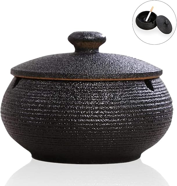 hadio Ceramic Ashtray with Lid, Large Outdoor Ashtray with Lid Smell Proof, Windproof Ashtrays for Cigarettes Indoor & Outdoor, Garden Ashtray Ornaments for Home, Patio and Office Decoration (Black)