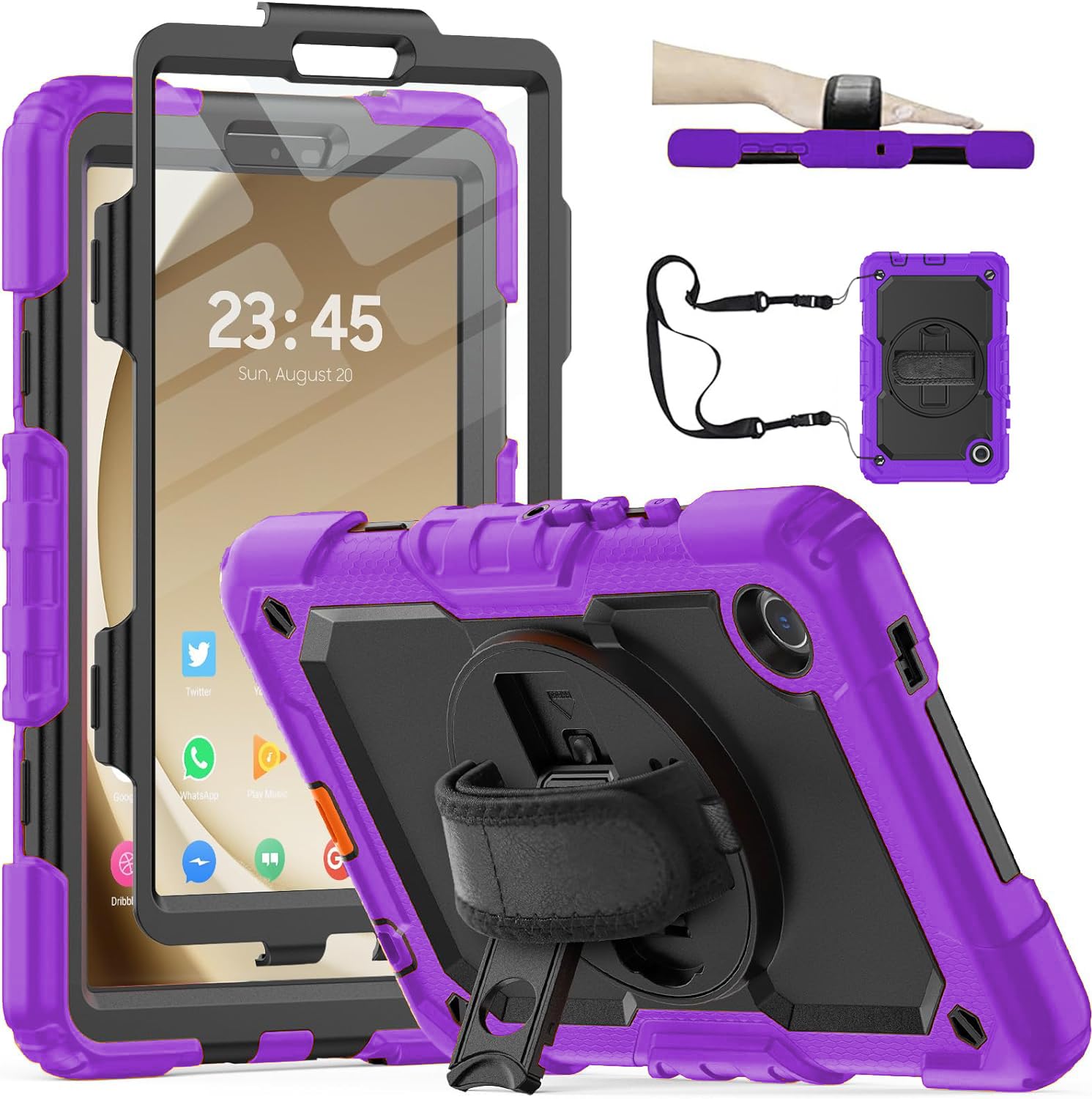 CASZONESamsung Galaxy Tab A9 Case 8.7 inch 2023,Heavy Duty Protective Cover Galaxy Tab A9 SM-X110/X115 with Pencil Holder 360 Degree Rotating Kickstand Hand/Shoulder Strap Purple