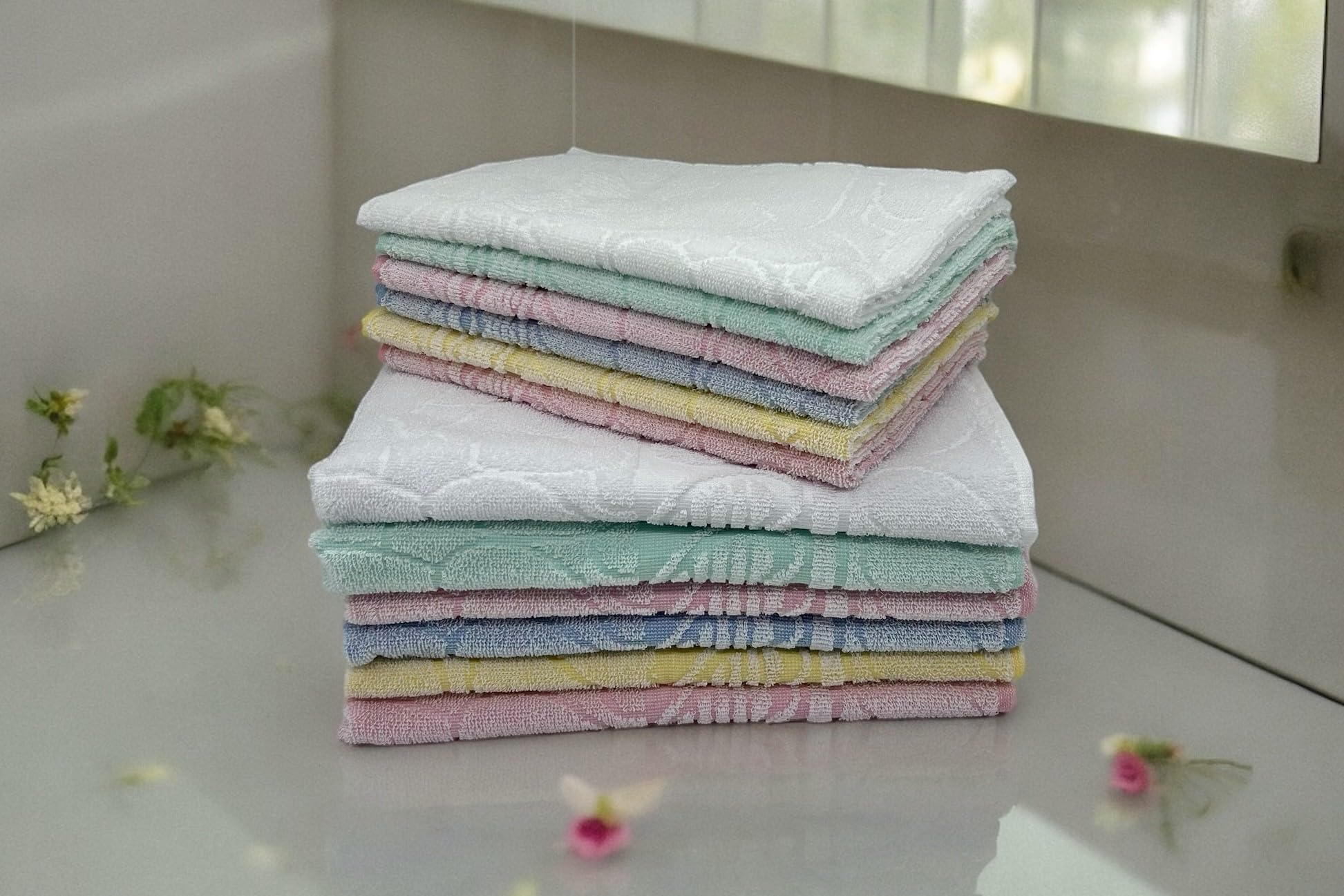 Set Asciugamani Da 12 pezzi, 6 Asciugamani Viso 60x105 e 6 Asciugamano Ospite 40x60 Modello HERTS Pastello, 100% Spugna di Cotone, Altamente Assorbente Per Bagno, Palestra, Hotel e Spa
