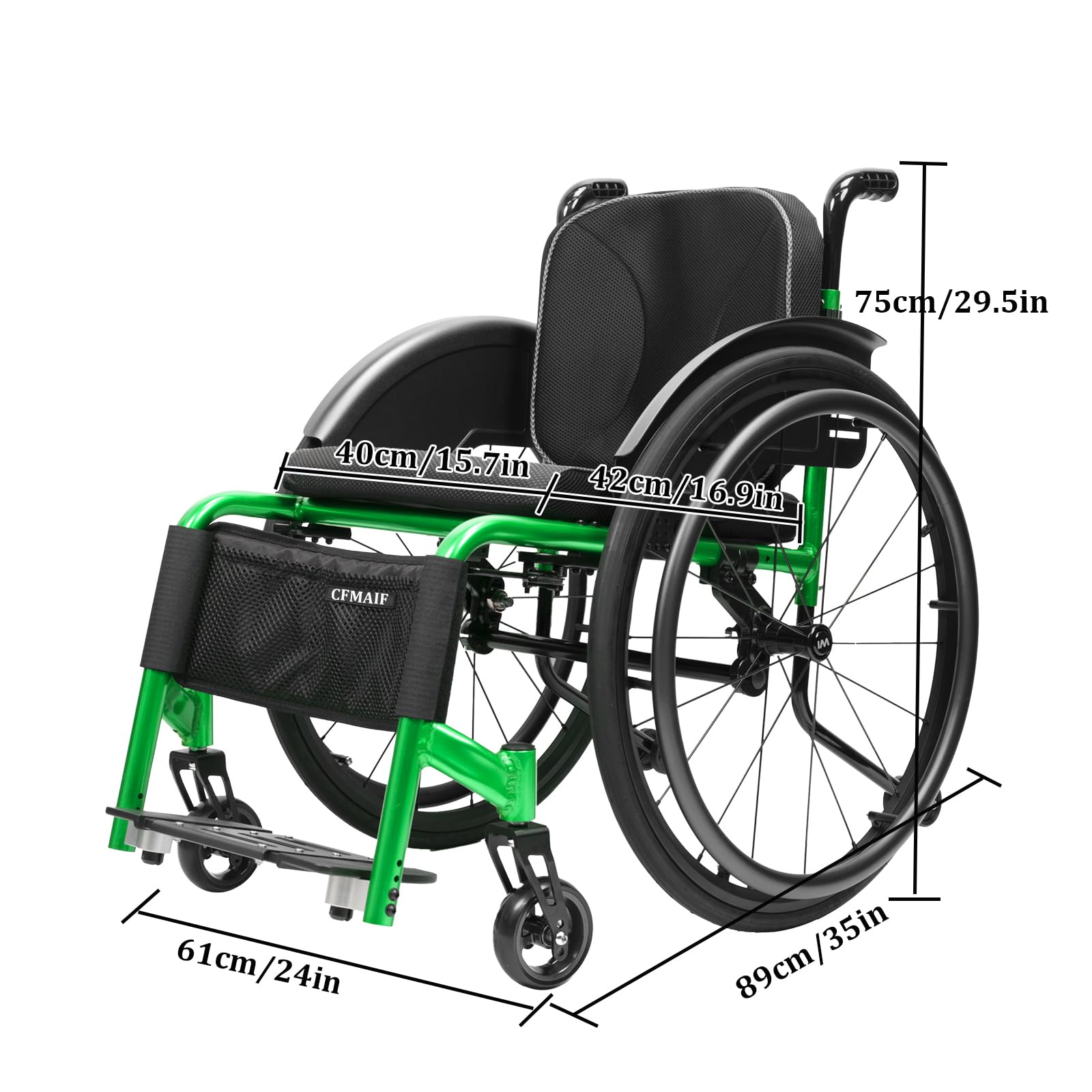 Ultralekki wózek inwalidzki, lekki wózek podróżny, samobieżny, aluminiowy, transportowy wózek inwalidzki do mieszkania i w podróży (40 cm, zielony)