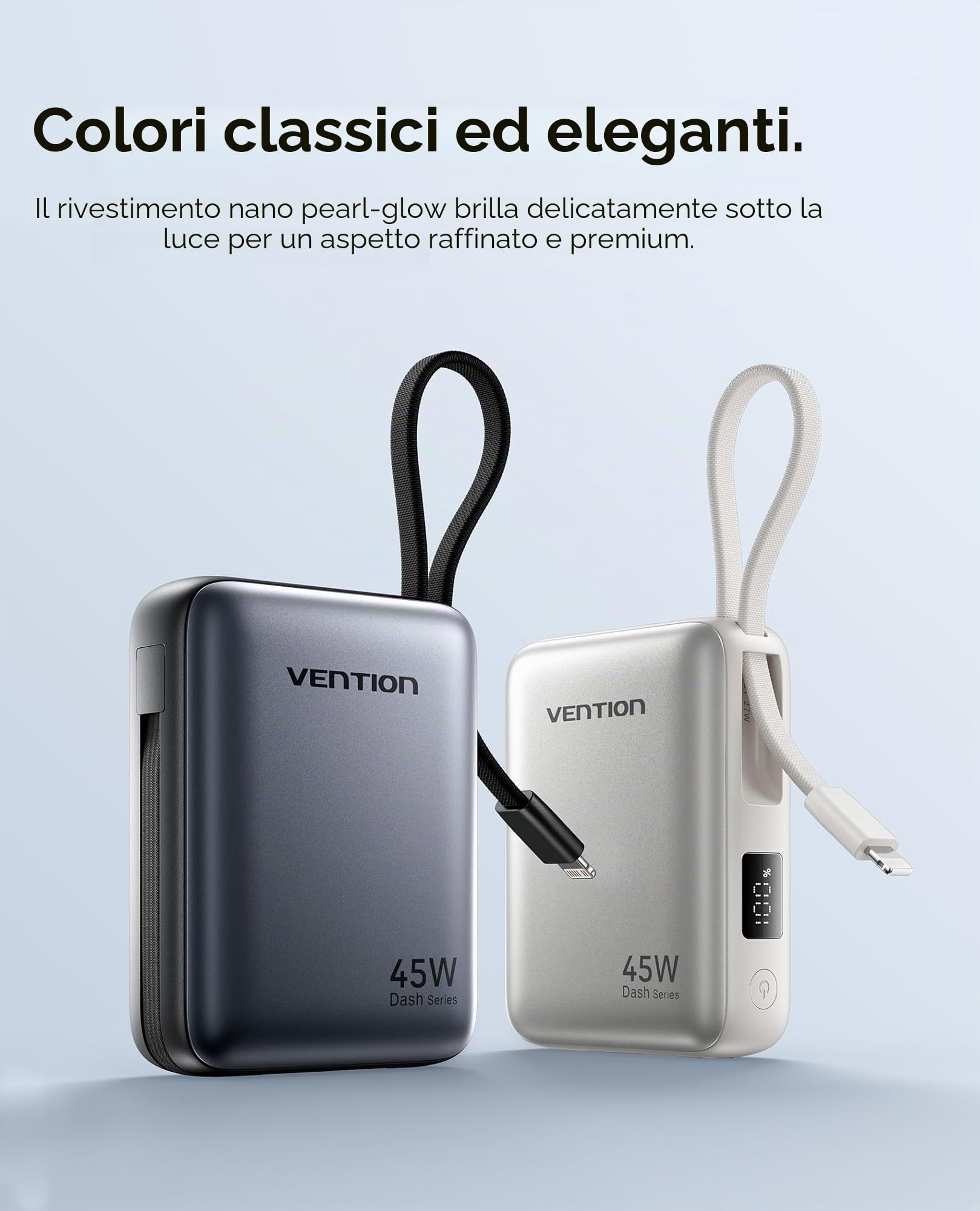 VENTION Mini Power Bank 10000mAh 45W Ricarica Rapida, con Cavo USB-C Integrato & Display Intelligente, Caricatore Portatile 3 Porte Compatibile con iPhone 16/15/14 Pro Max Plus, iPad, Galaxy S24 Ultra