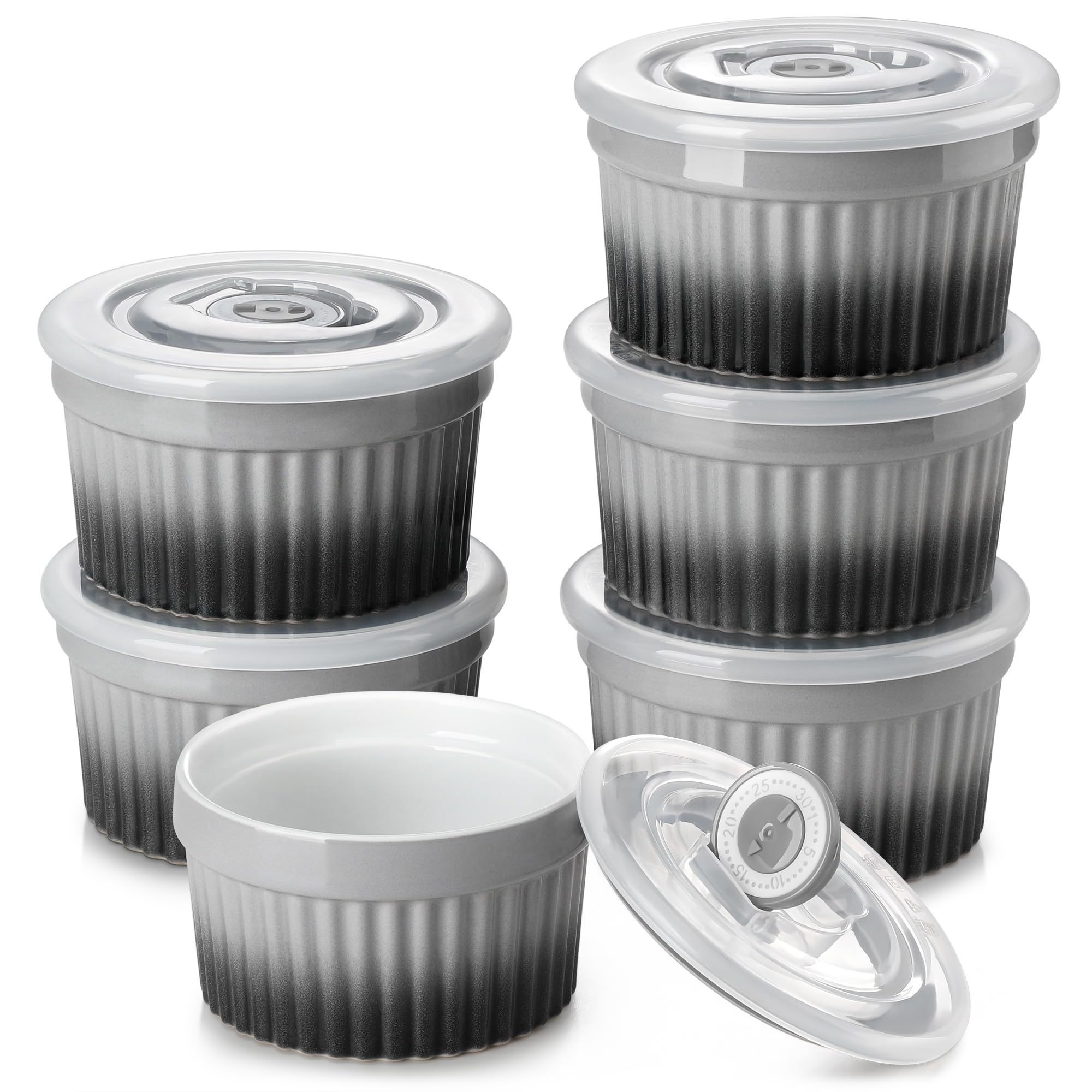vancasso 8 oz Ramekins with Lids, Souffle Dishes Set of 6, 10.1cm Porcelain Creme Brulee Ramekins, Baking Cups for Pudding, Fruits, Dips, Dishwasher and Oven Safe, Grey