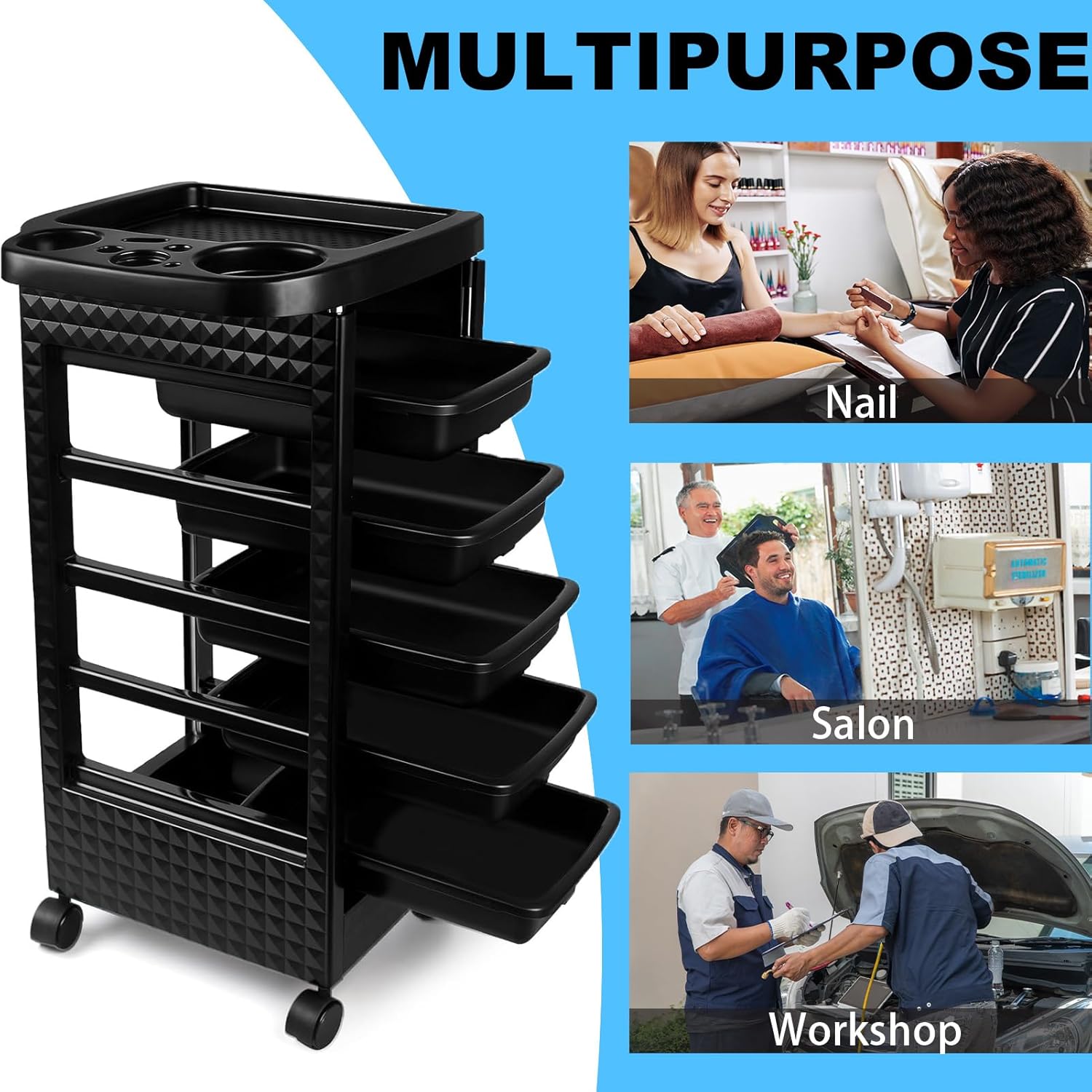 Salon Trolley Cart with Wheels & 5 Drawers, Salon Rolling Stations for Hair Stylist,Hairstylist for Beauty Tattoo Hairdressing Beauty Equipment, Black (T22-5DRAWER)