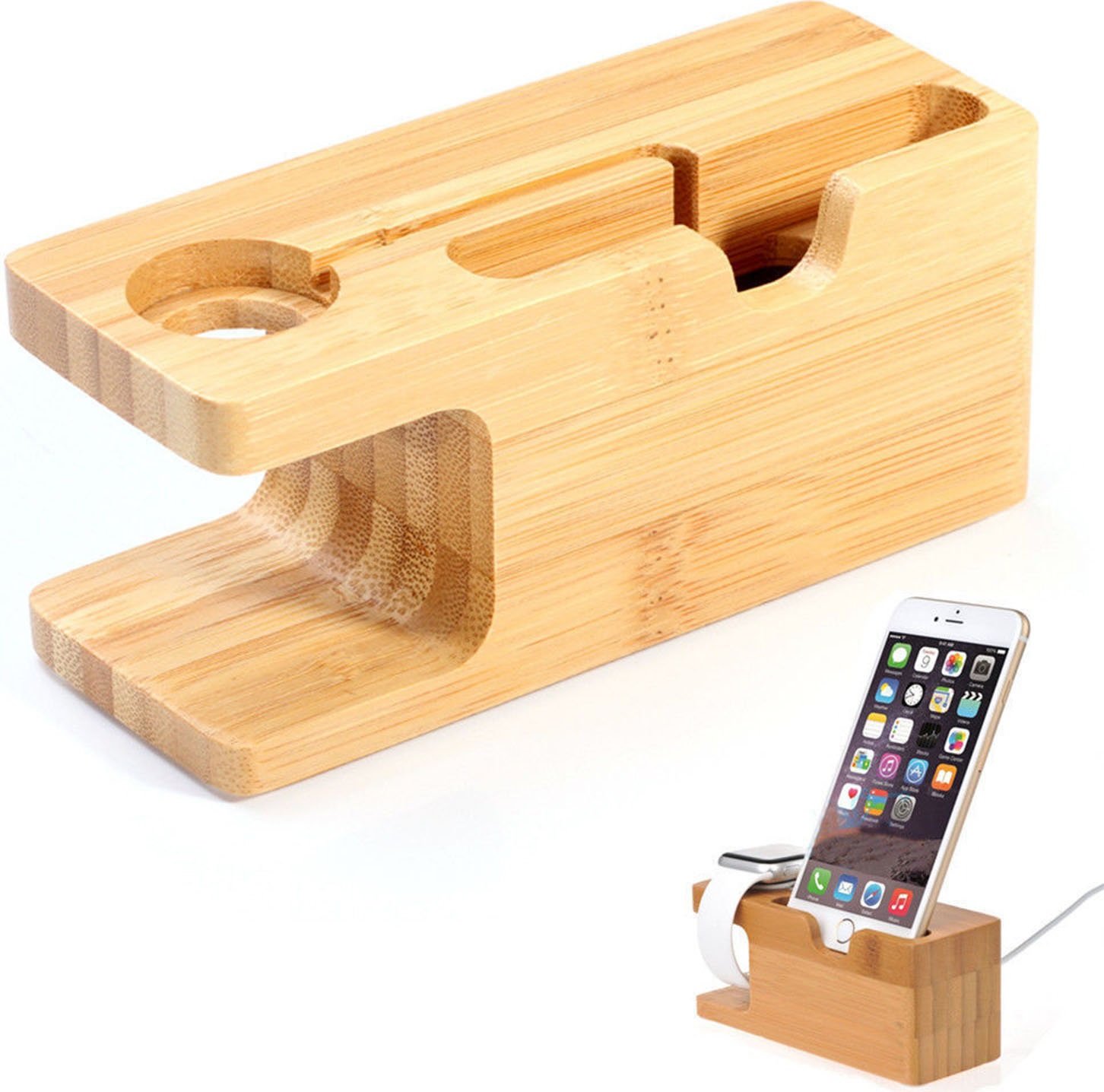 GPCT [100% Natural Bamboo] iWatch Wood Charging Stand/Stock Cradle Holder/Dock Nightstand Station [2 in 1] for Apple iPhone 7 Plus/7/6s/6/5S/5C/5/SE & Apple Watch Series 1 & 2, 38 MM/42MM Watch!