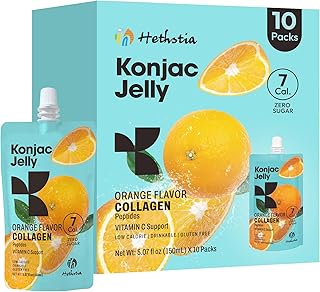 Hethstia Orange Konjac Jelly with Collagen Peptides, 10 Pouches Fruit Jelly Snacks, Low-Calorie Drinkable Jelly with Vitamin C, Sugar-Free, Keto, Gluten-Free, On-the-Go Light Snacks