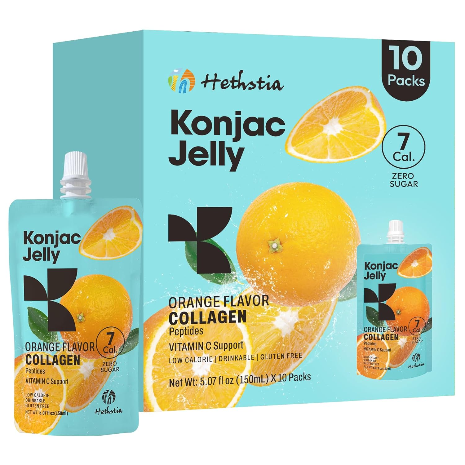 Hethstia Orange Konjac Jelly with Collagen Peptides, 10 Pouches Fruit Jelly Snacks, Low-Calorie Drinkable Jelly with Vitamin C, Sugar-Free, Keto, Gluten-Free, On-the-Go Light Snacks