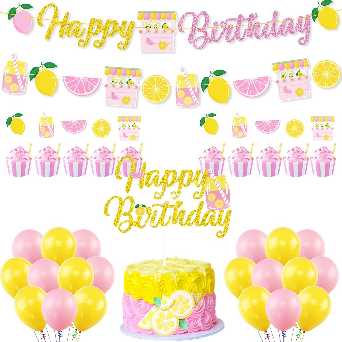 Lemon Party Decorations Theme Supplies - Happy Birthday Banner, Cake Topper, Pink Yellow Latex Balloons for Summer Lemonade Birthday Party