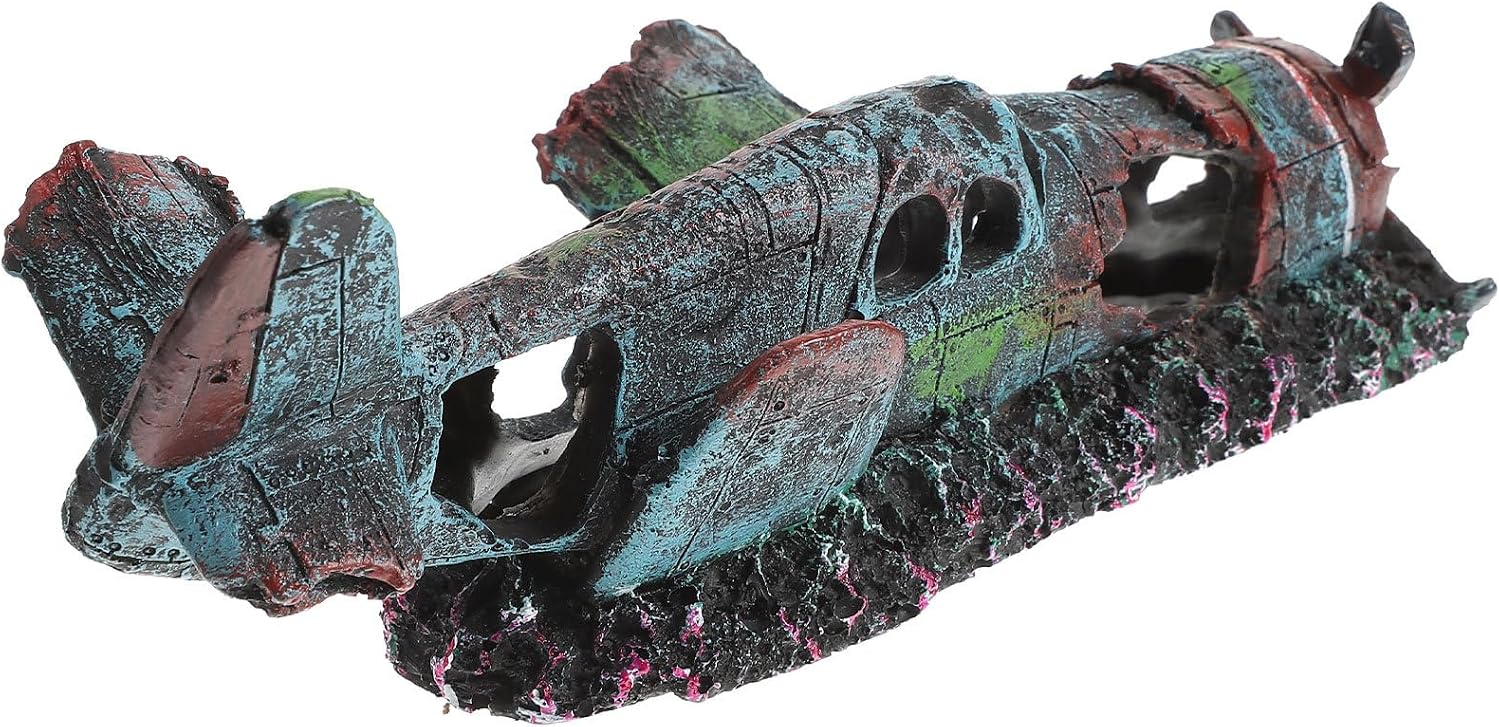 TEHAUX Aquarium Fighter Plane Wreckage Fish Tank Decoration 9.44In Resin Artificial Plane Ornament with Hiding Shelter for Fresh and Saltwater Aquariums Landscape Decor