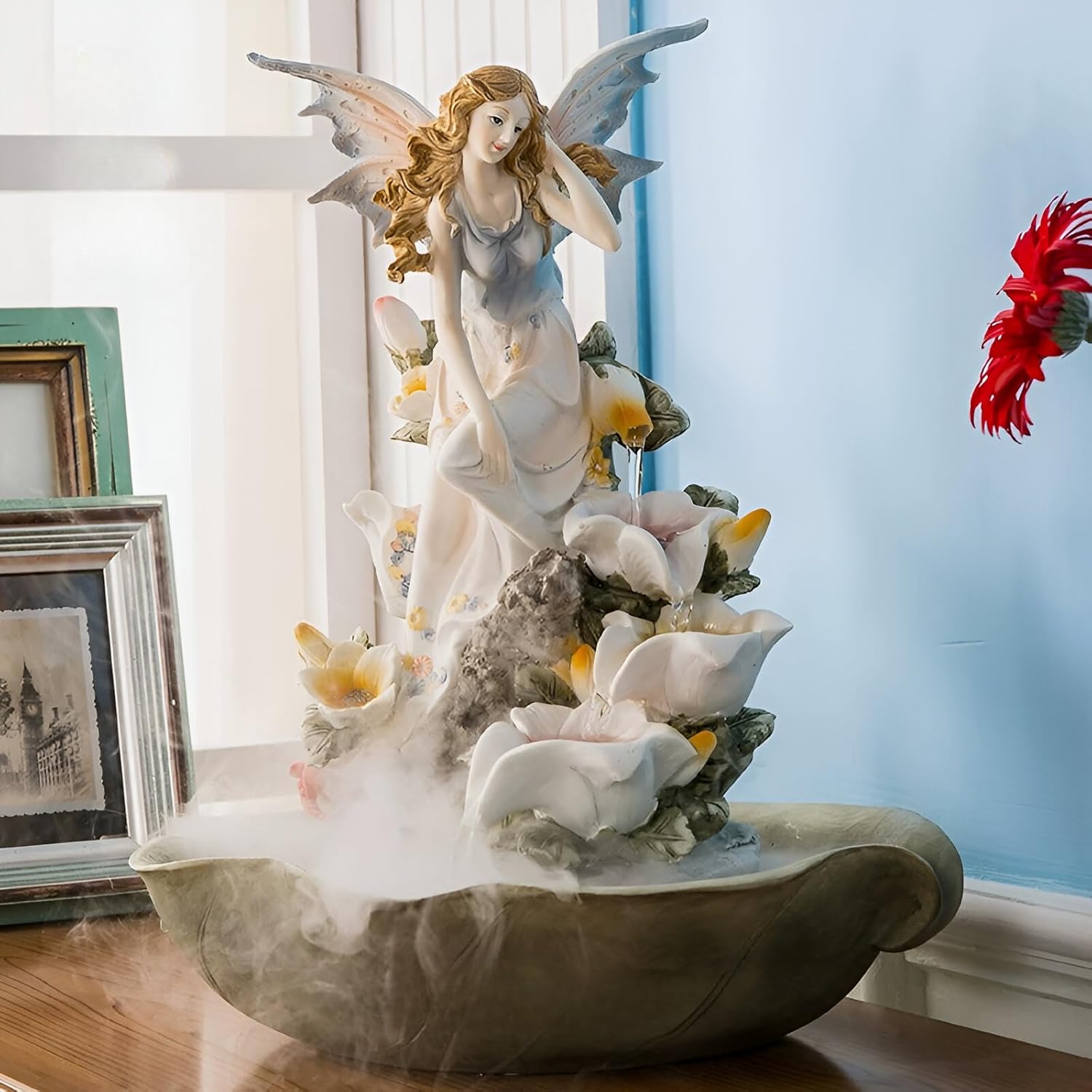 16.93 Inch-Tabletop Fountain & Flower Fairy 5 Tiers of Flowing Water + 10 Crystals for Free-Applicable to Indoor Decorations-with fogging & LED Color Lights+ Love Gift (Blue)