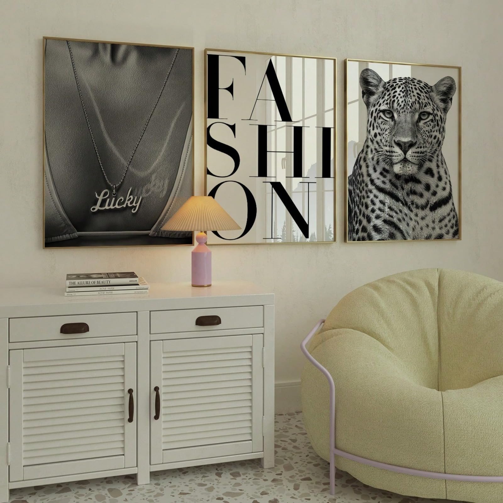 Zbello 40X50cm Set Of 3 Black And White Fashion Wall Art Prints, Lady Necklace & Leopard Posters, Modern Glam Decor For Living Room Bedroom, Unframed (40X50cm)