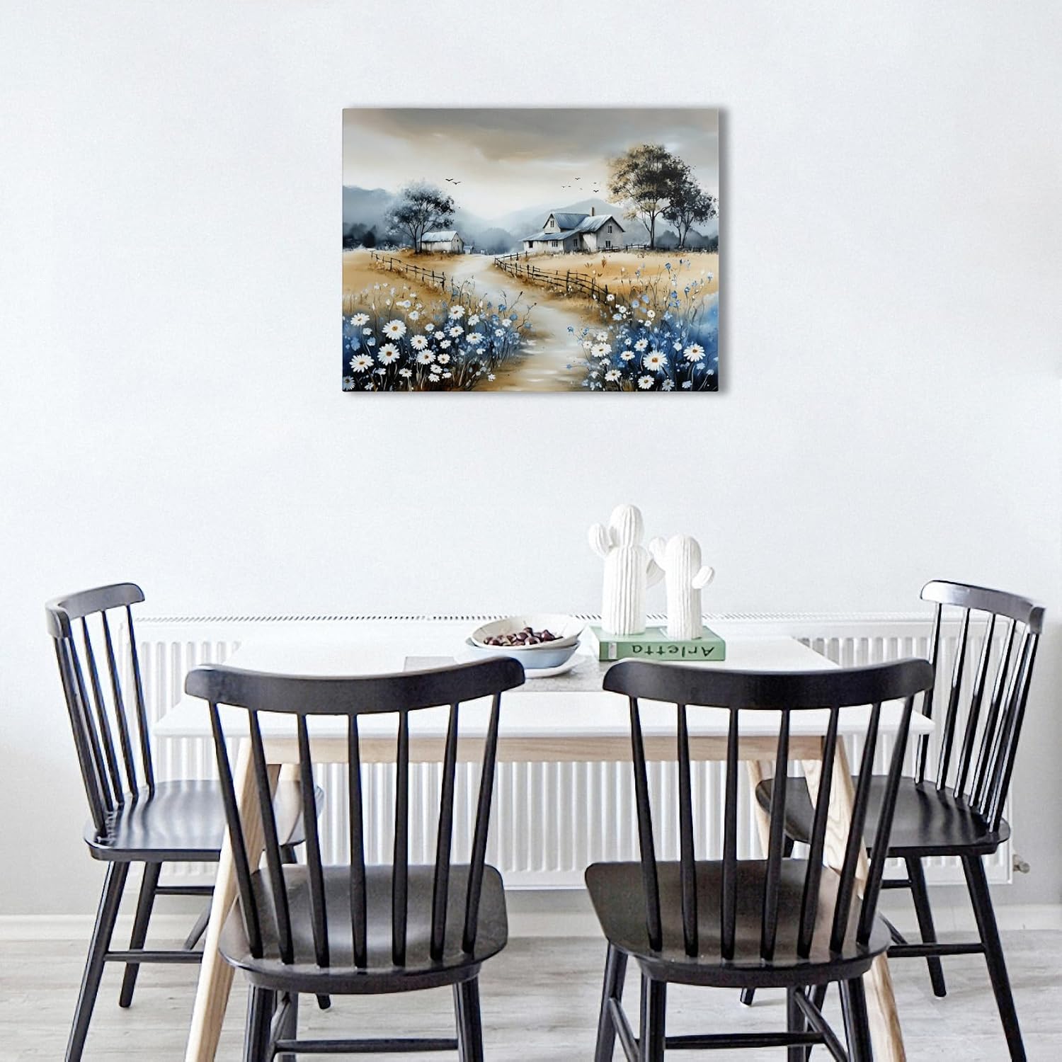 Rustic Farmhouse Canvas Wall Art Country Landscape with Daisies Painting, French Countryside Barn Print, Nature Mountain Scenery Wall Decor for Living Room, Bedroom, Bathroom Office (16''x24'')