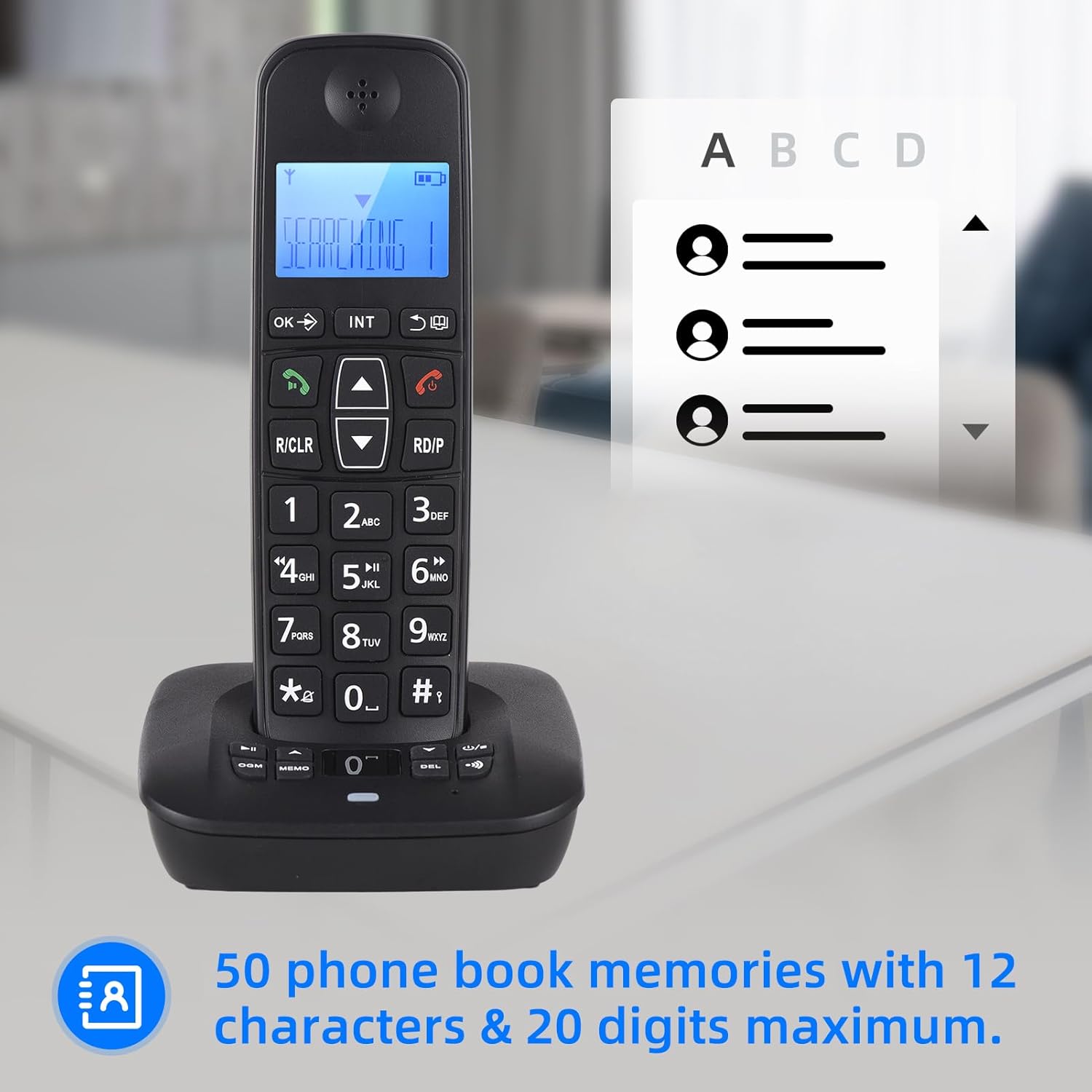 Irfora D1007 TAM Cordless Telephone displaying phonebook memory capacity.