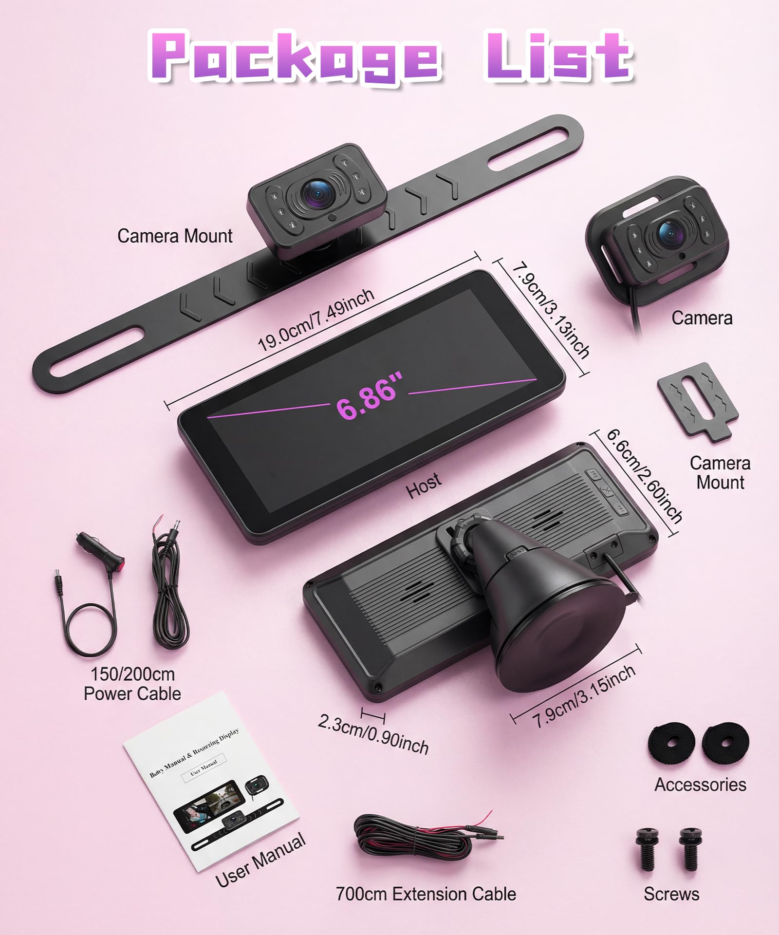 Rimoody Cámara de Coche para bebé con Cámara de Marcha Atrás con Matrícula, 6.86 Pulgadas Pantalla Dividida, Espejo de Coche para bebés con IR Visión Nocturna, 360° Giratoria Espejo Retrovisor de Bebé