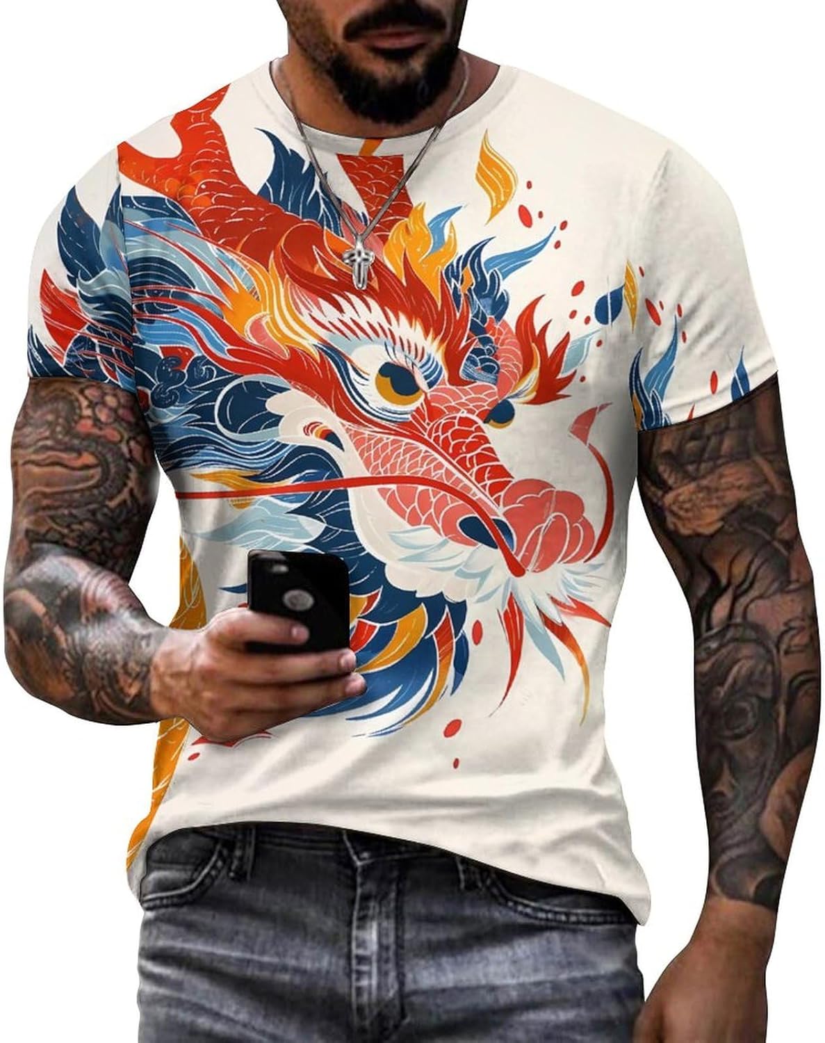 MARSVOVO Mens Cool Chinese Loong T-Shirt Tops 2024 Novelty Ink Painting Print Short Sleeve Crewneck Fashion Soft Outwear