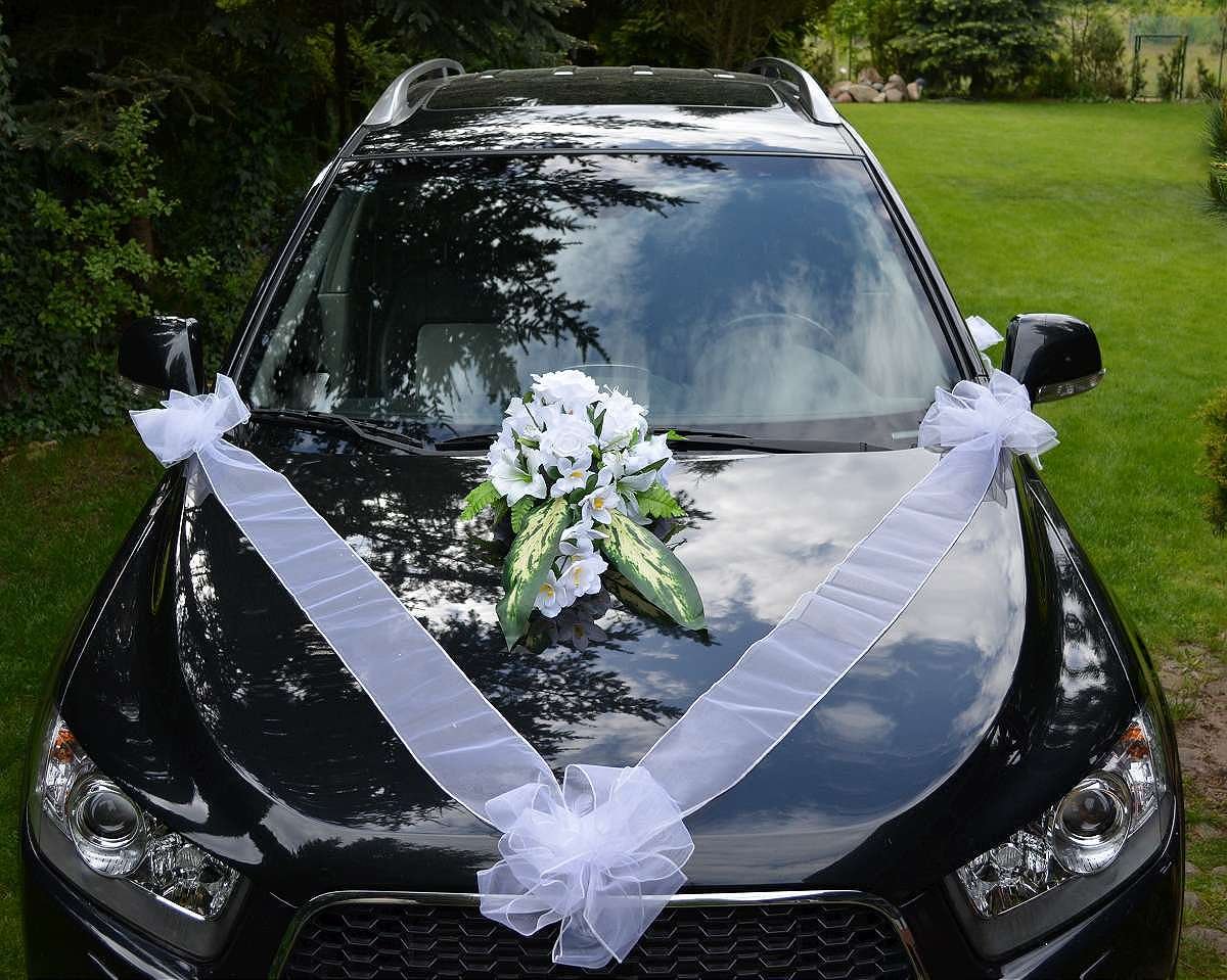 AMP Autoschmuck Autodeko Hochzeit Dekor Verschiedene Variante Komplett (Blumenstrauss - Weiss)