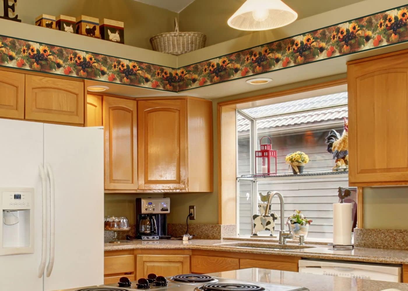 CONCORD WALLCOVERINGS ™ Wallpaper Border Fruits Pattern Sunflowers Grapes Pears Fruit Basket for Kitchen Dining Room Cottage, Yellow Brown Green, 15 Feet by 7 Inches TK6233B