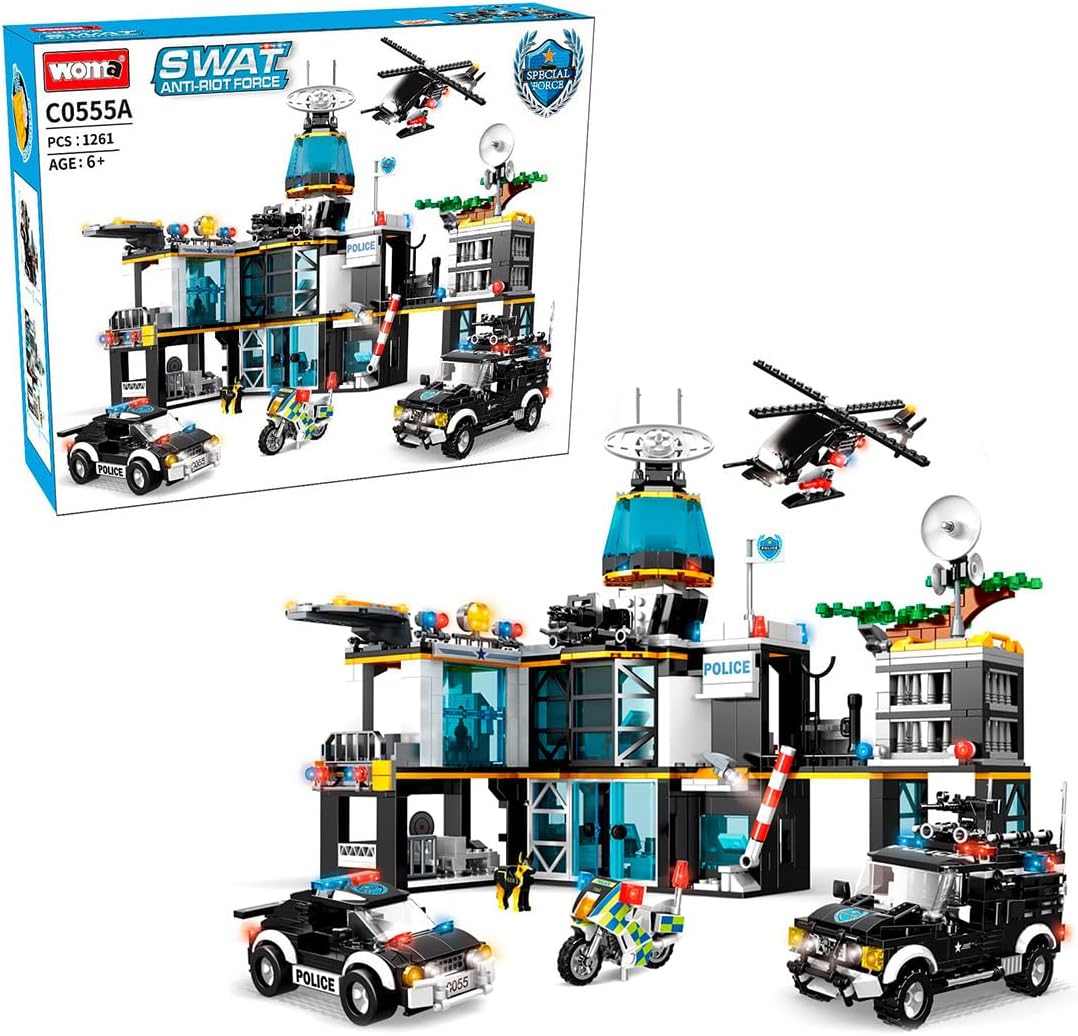WOMA 2023 City Police Station Building Kit - Toy Bricks Kit w/ Emergency Police Patrol Car, Motorcycle & Helicopter - Roleplay STEM Toy Construction Playset Gift for Kids Age 5+ (1261 pcs) (CO555A)