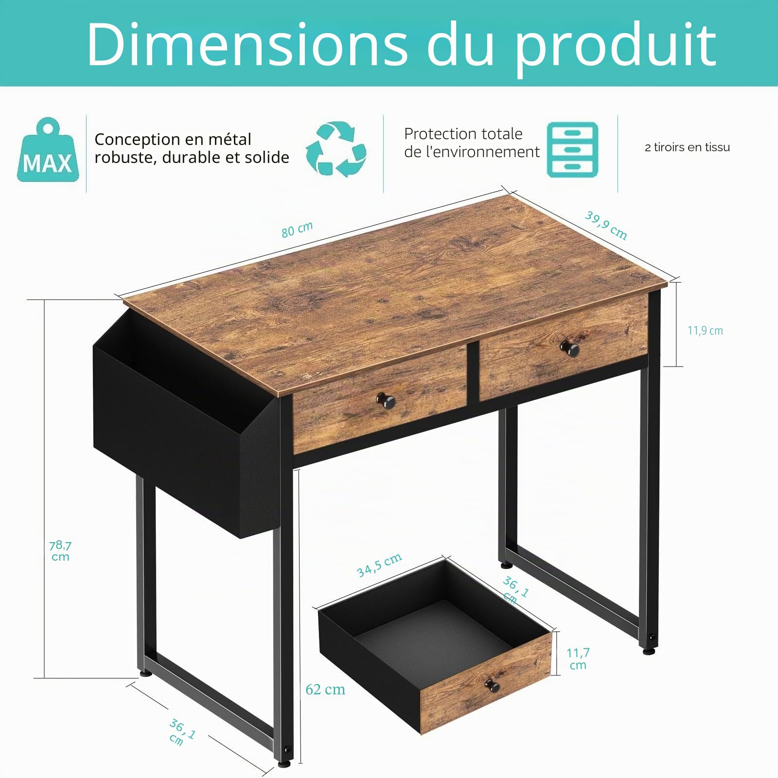 Bureau d'ordinateur avec 2 tiroirs 80cm Lufeiya Petit PC Bureau Informatique Rangement