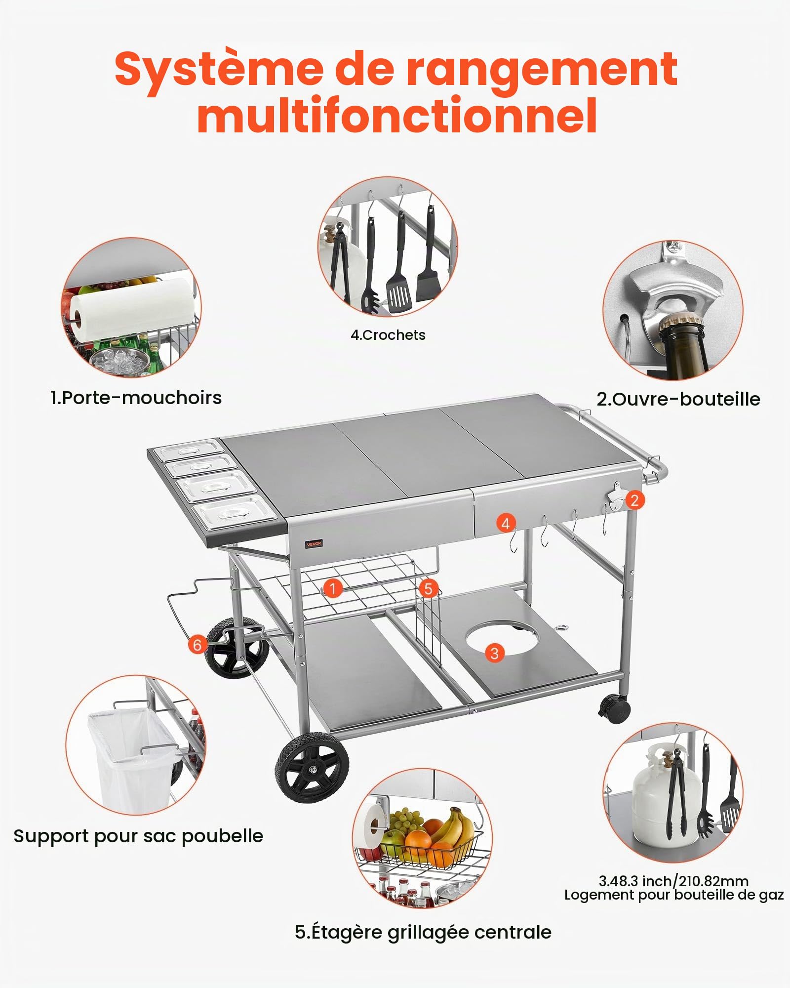 VEVOR Desserte de Jardin pour Plancha, Chariot de Barbecue 136x76x79 cm, pour Préparation de Cuisine BBQ Piques-niques Terrasse Extérieur, avec Roues, Récipients à Épices, Couvercles et Crochets