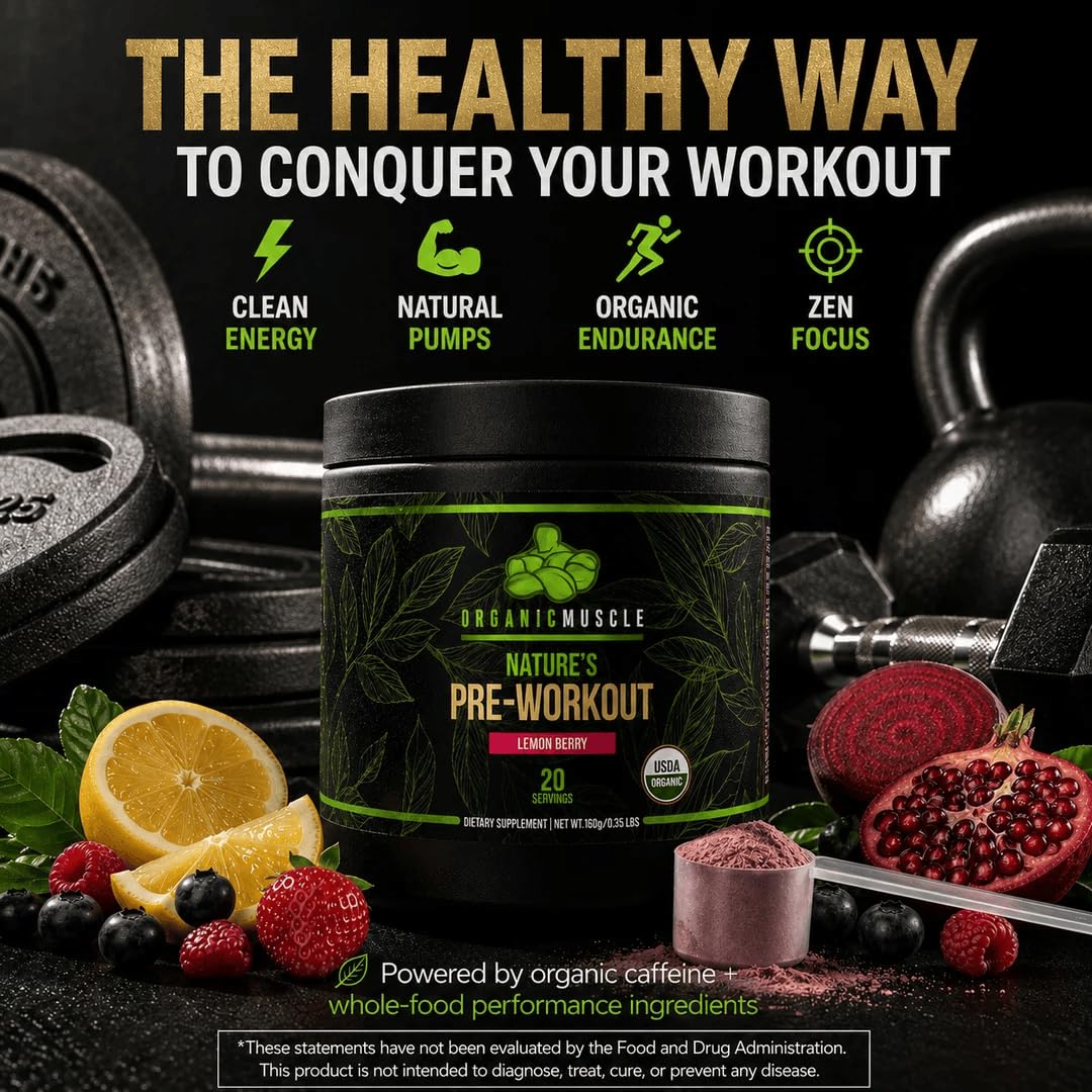 Organic Muscle Pre Workout Powder, Lemon Berry, USDA Organic, 20 Servings — Amazon image 3
