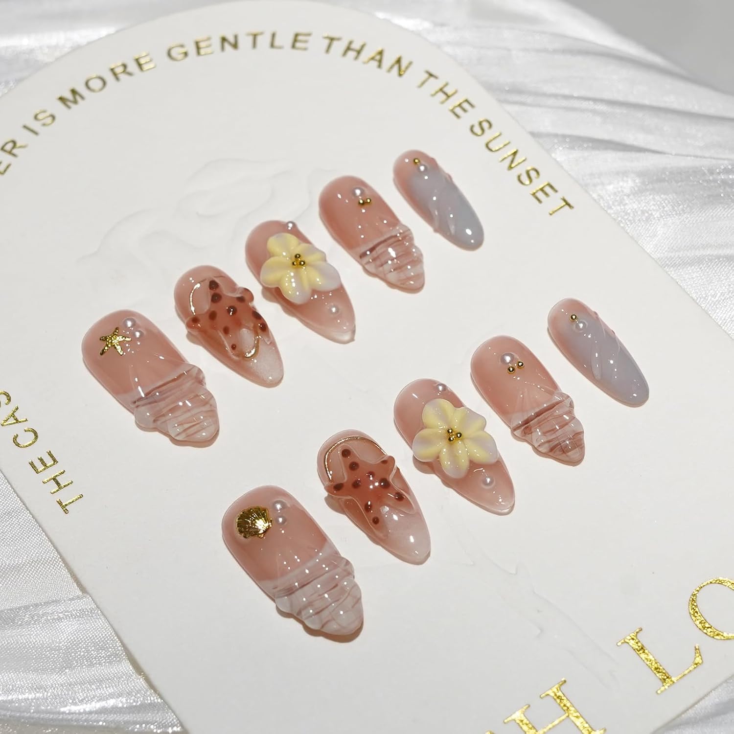10pcs Handmade Press on Nails Medium Almond 3D Flowers Chrome Shell Ocean Jelly French Tip Thick Reusable Fake Nails,Trendy Tropical Y2K Aesthetic Accessories (S, shell orange)
