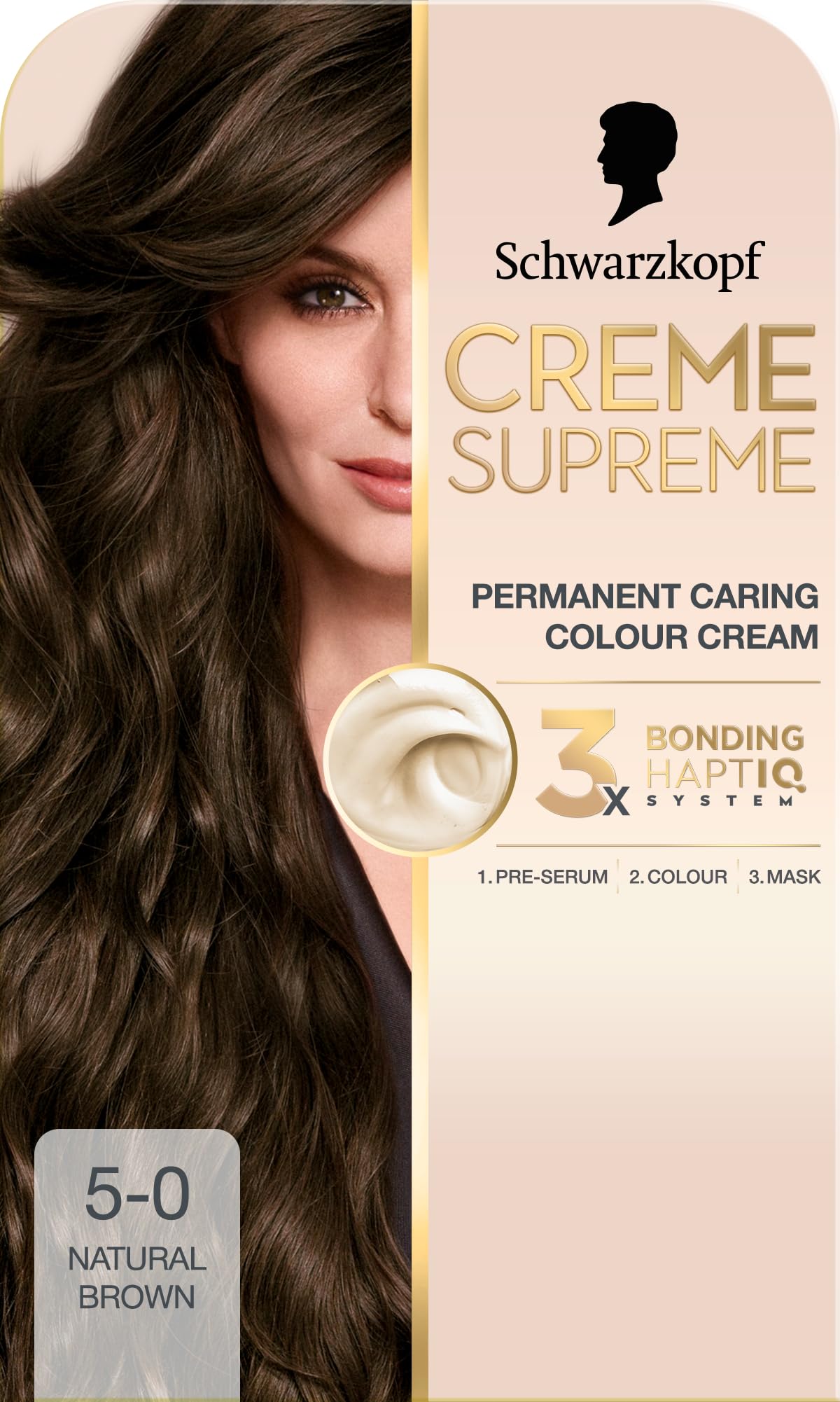 Schwarzkopf Creme Supreme 5-0 Natural Brown, Permanent Hair Dye, Caring Hair Dye Colouration with 3-Step Bonding System Against Damage, 100% Grey Coverage
