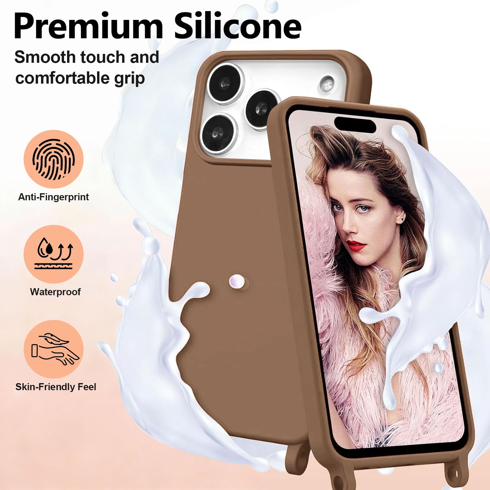 Etui na telefon komórkowy iPhone 17 Pro, bumper, ze sznurkiem na szyję, etui ochronne ze sznurkiem na szyję, silikonowe, z regulowanym sznurkiem, miękkie tworzywo TPU, kolor mleczna