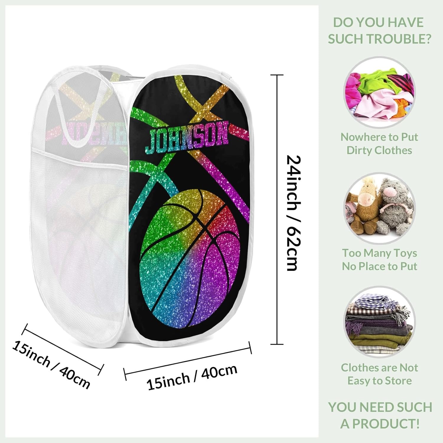 Sport Basketball Colorful Glitter Laundry Basket, Large Opening Collapsible Clothes Hampers, Laundry, Storage, Bathroom, Bedroom, Home Closet Clothes Basket