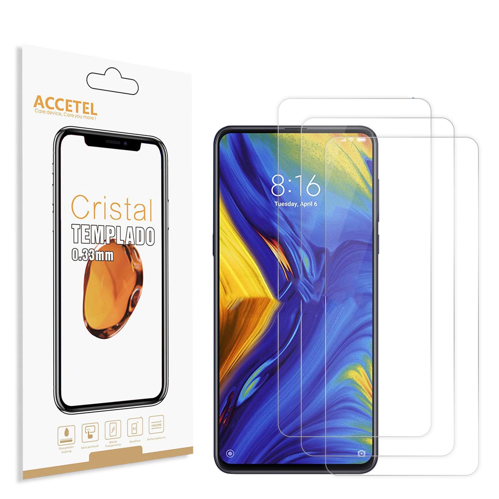 Accetel Screen protector for Xiaomi Mi Mix 3 shatterproof screen protector tempered glass film compatible with Xiaomi Mi Mix 3 6.39'' inches transparent 3-PACK