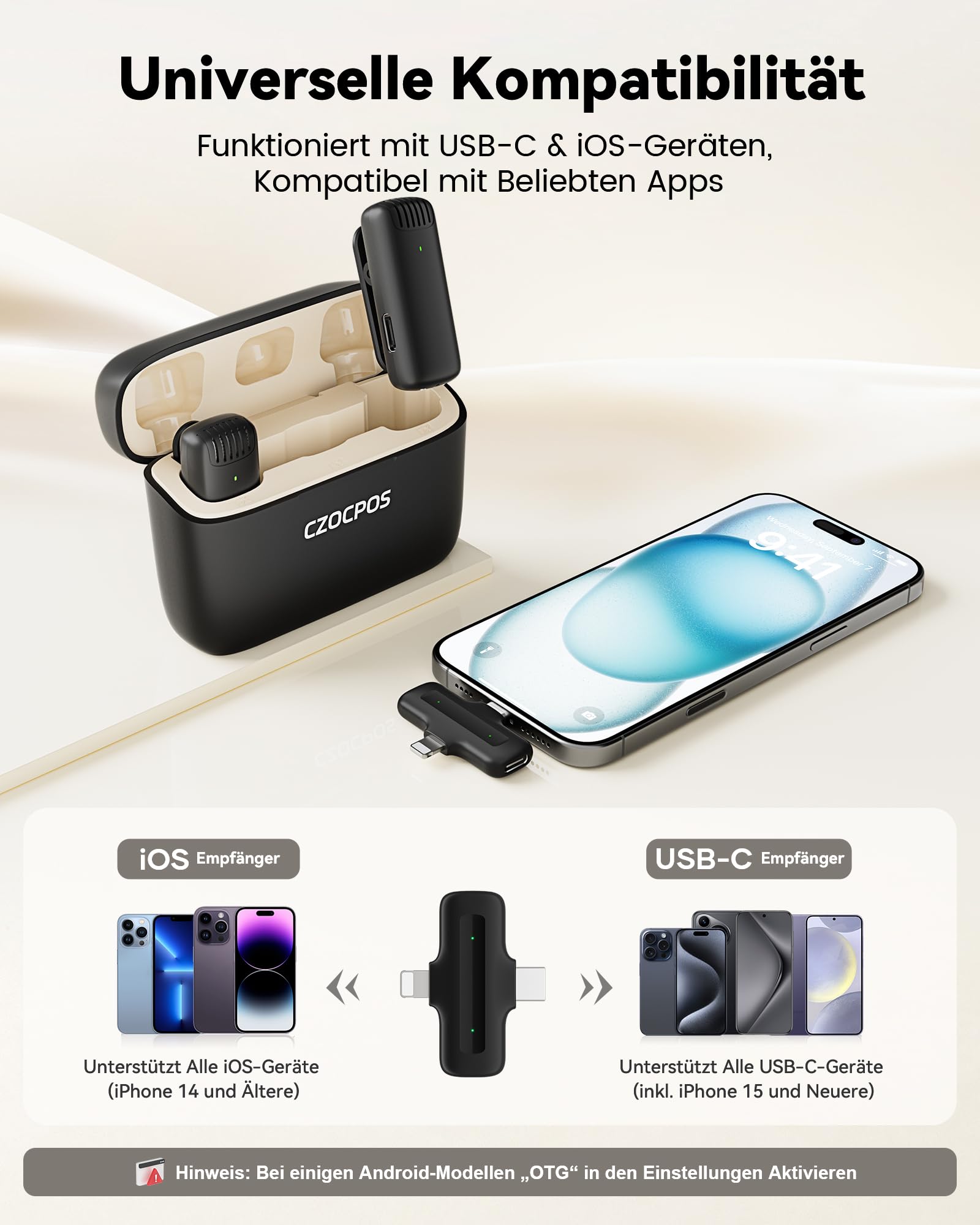 CZOCPOS Kabelloses Lavalier Mikrofon Wireless für iPhone/iPad/Android mit Ladebox, Geräuschunterdrückung, 36 Stunden Akkulaufzeit, Mini Mikrofon für iPhone für Video/YouTube/Vlogs