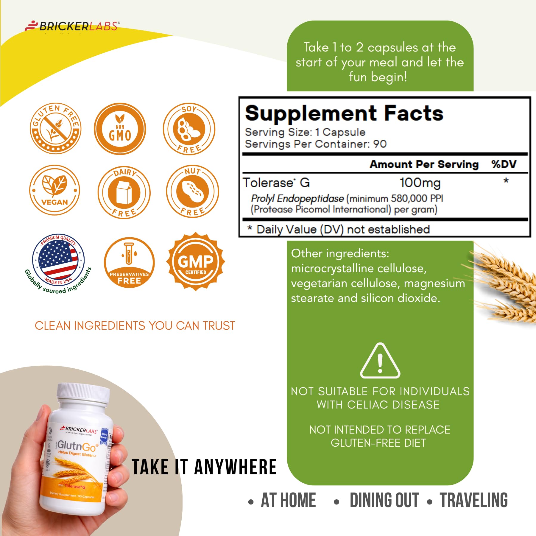 Bricker Labs GlutnGo Gluten Digestive Enzyme with Tolerase G 100mg – Supports Gluten Digestion & Digestive Comfort, 90 Capsules — Amazon image 5