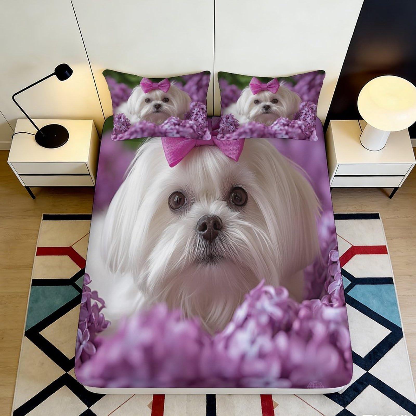 Dhbaneiok Style-1 3D Printed White Dog With Purple Bow Fitted Sheet Microfiber Soft Anti-Slip Bed Cover For Bedroom Guest Room Decor 90X200x25cm