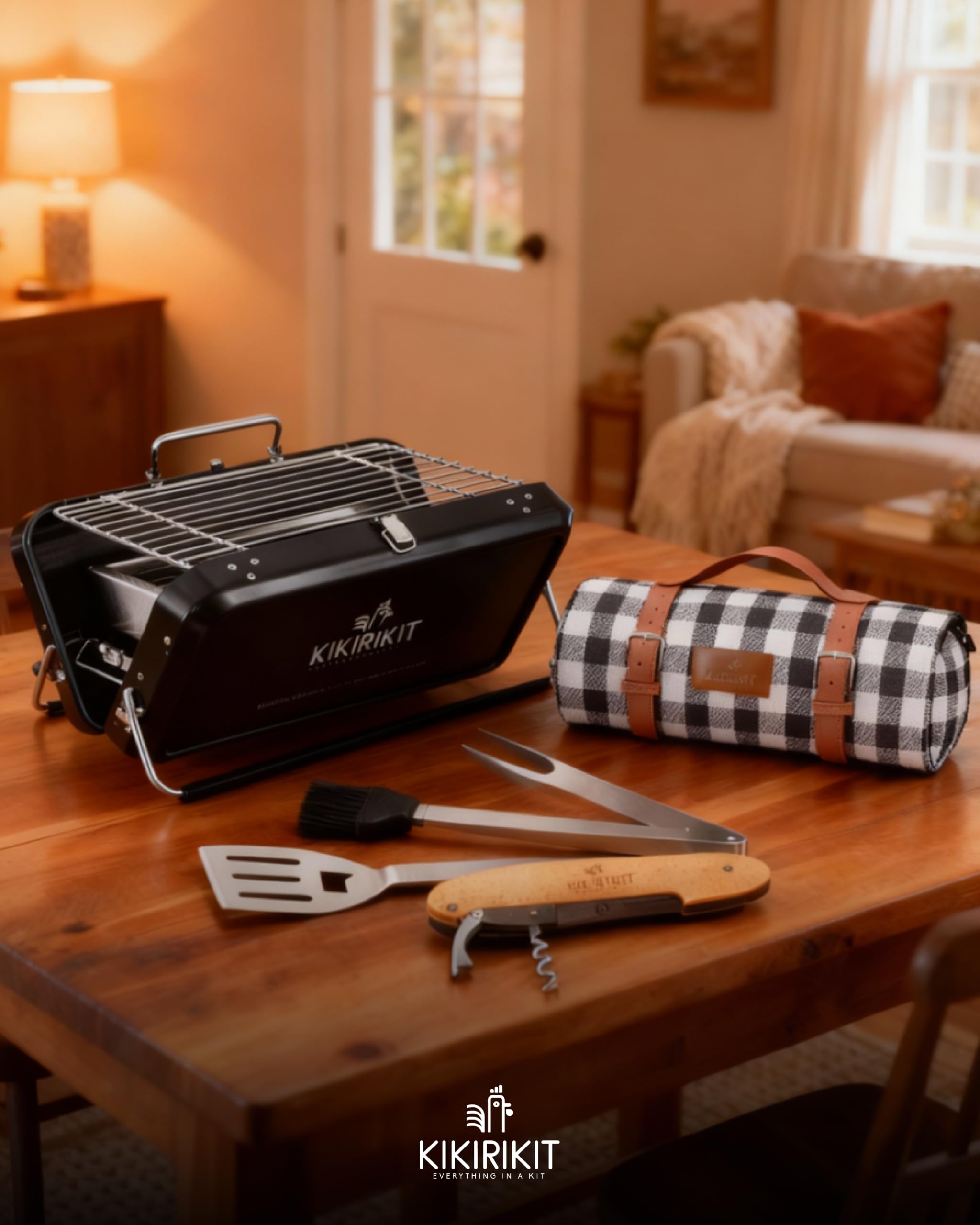 KIKIRIKIT - Barbacoa Portátil de Carbón Plegable - Kit con Accesorios Camper - Regalo Original para Padres (Negro)