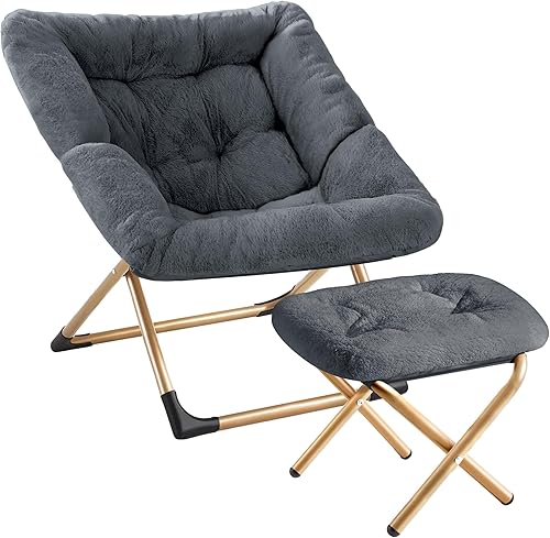 Silla Platillo Cómoda de Tamaño Grande con Otomana, Silla de Descanso de Lectura de Piel Sintética Suave para Adultos, Marco de Metal X-Large