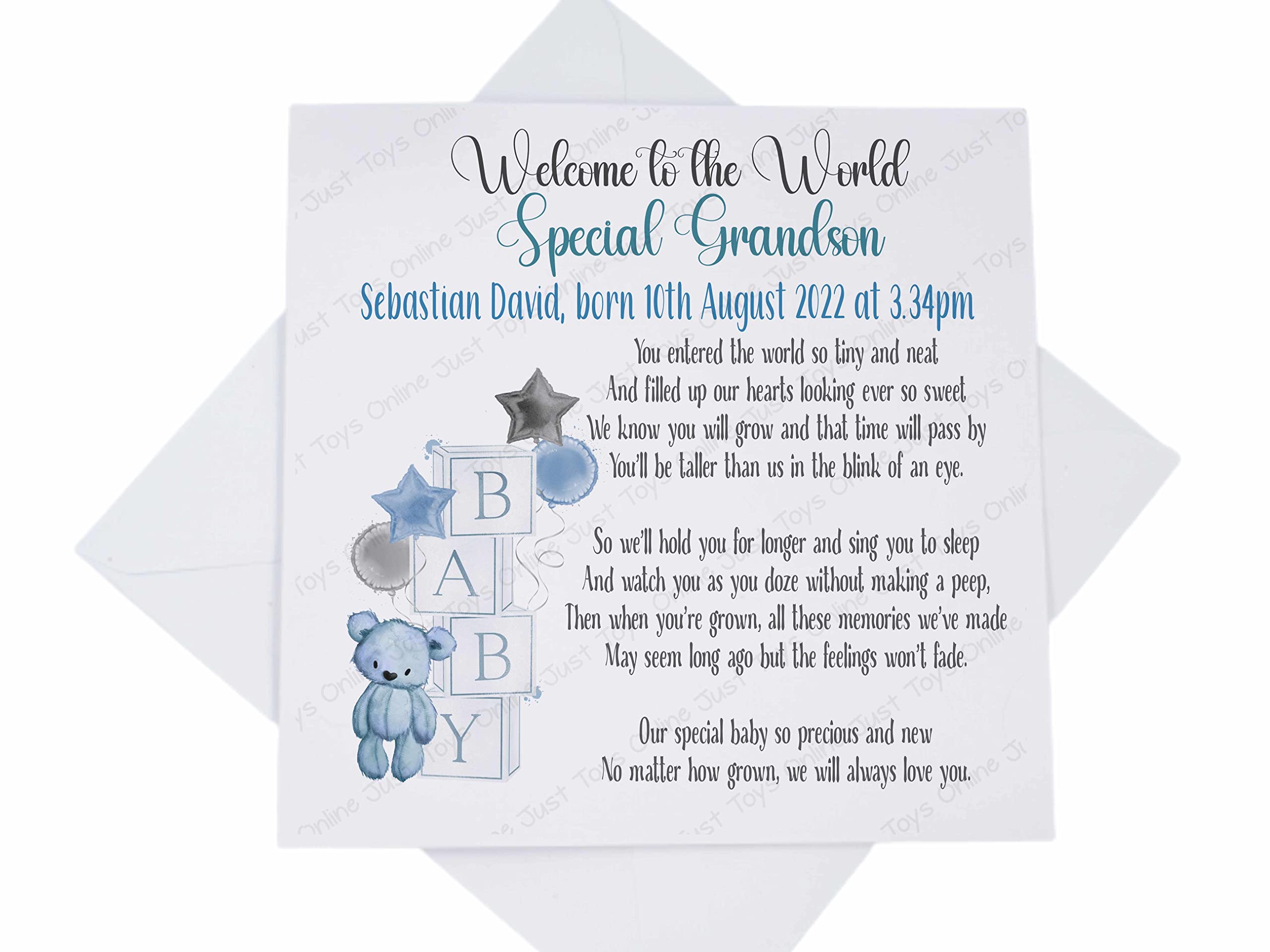 Just Toys Online Personalised Custom New Baby Card, Welcome to the World Special Grandson Card, Special Nephew, Poem Verse Congratulations Baby Boy (Blue Bear Blocks - Personalised), 5.8mm square