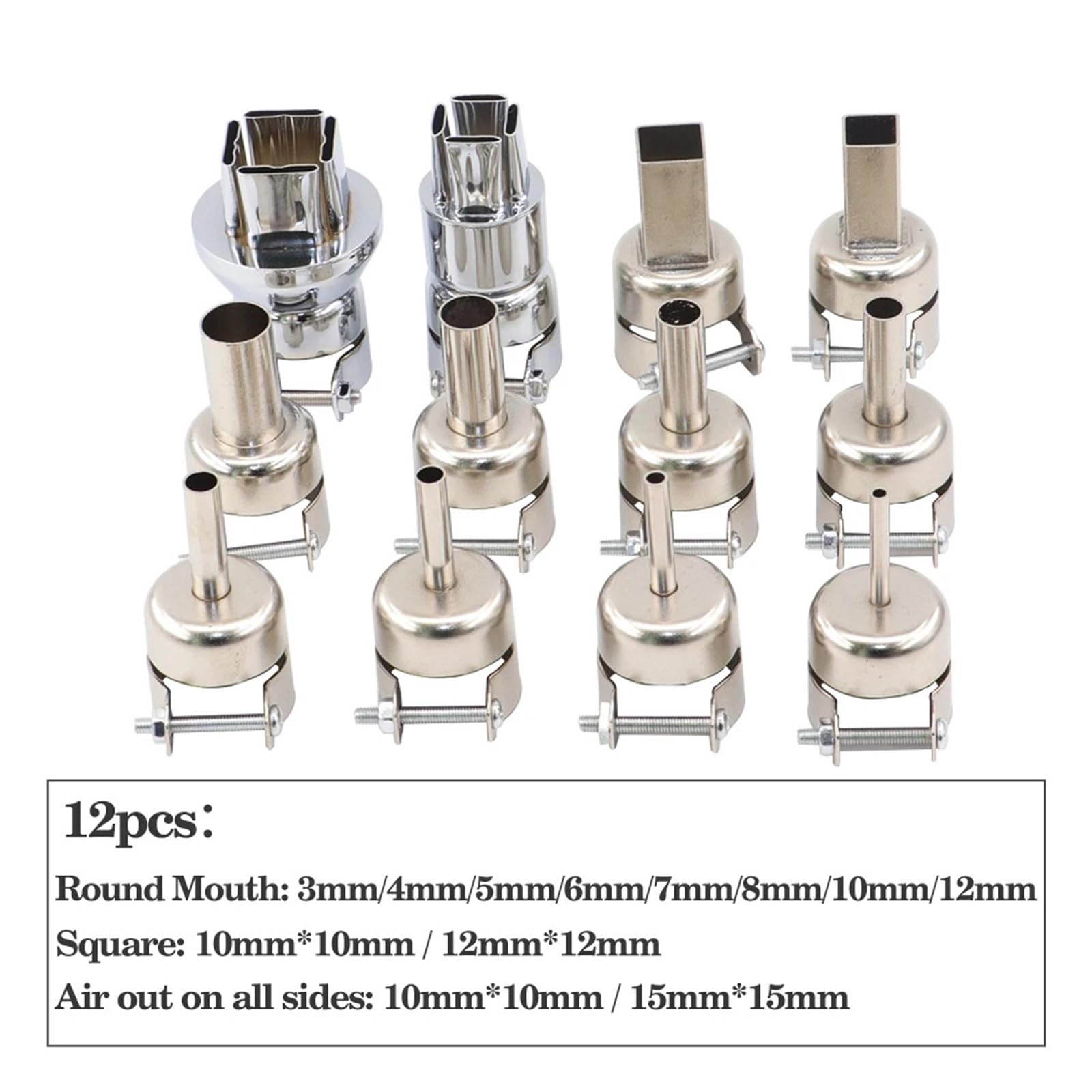 Ugello ad aria calda da 8/12 pezzi compatibile con la stazione di rilavorazione 850 | Ugello SMD a quattro uscite laterali, dimensioni da 3 mm a 12 mm for la dissaldatura dei chip(12pcs)