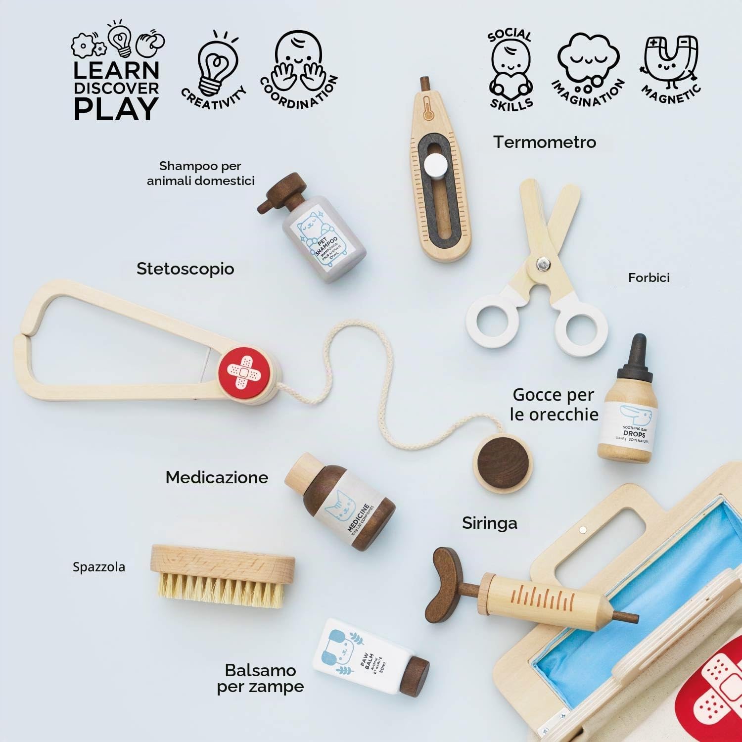 Le Toy Van Gioco educativo Valigetta Dottore in Legno per Bambini, 3 Anni, Giocattolo Montessori, Borsa del Medico in Tessuto Completa, 10 Pezzi, Accessori Inclusi, Legno Certificato FSC