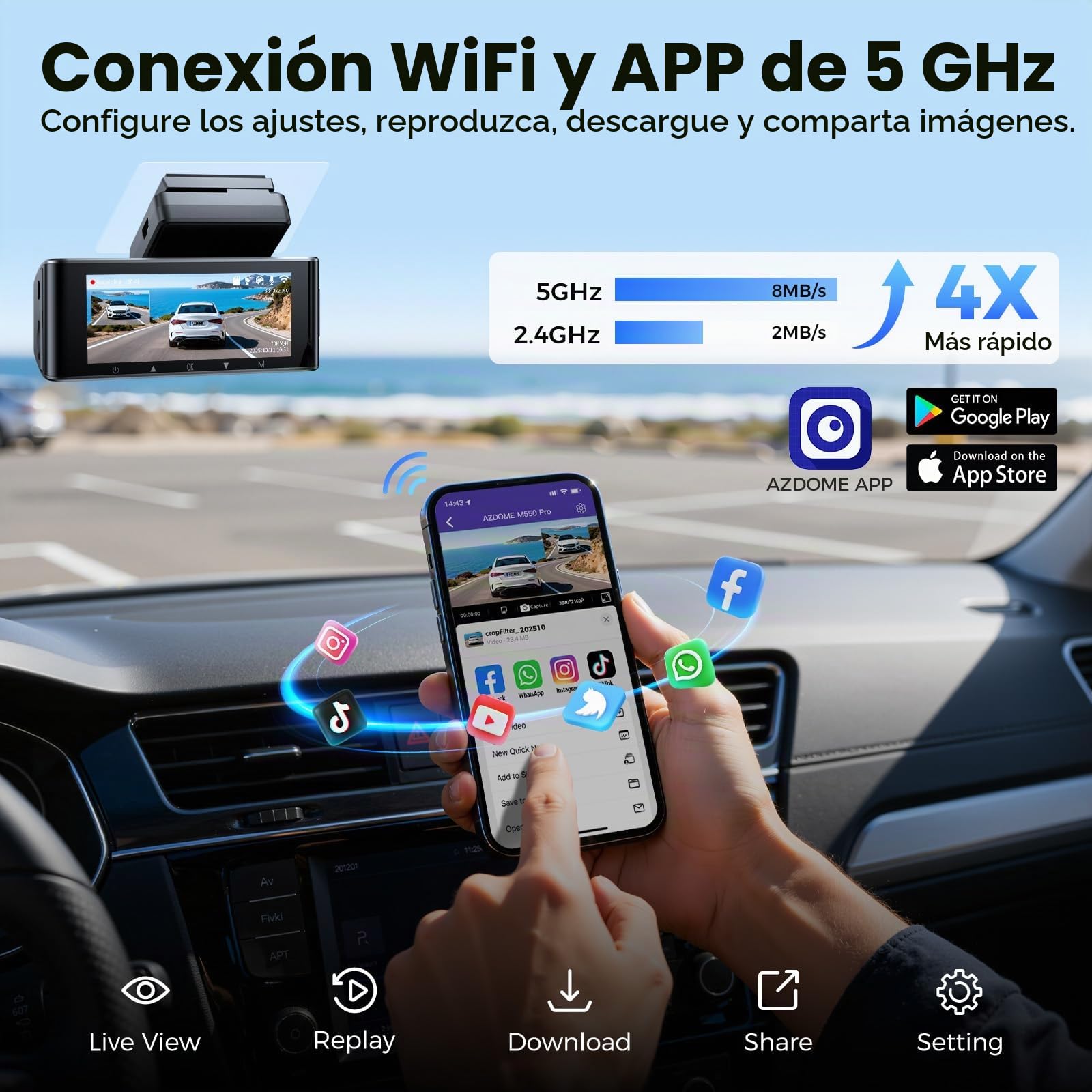 AZDOME Dashcam 4K+2.5K Delantera y Trasera con,Pantalla IPS de 3,18 Pulgadas dash cam coche, Tarjeta de 64 GB, WiFi de 5,8 GHz, GPS, WDR Gran Angular de 170°, Admite hasta 256 GB (M550 Pro)