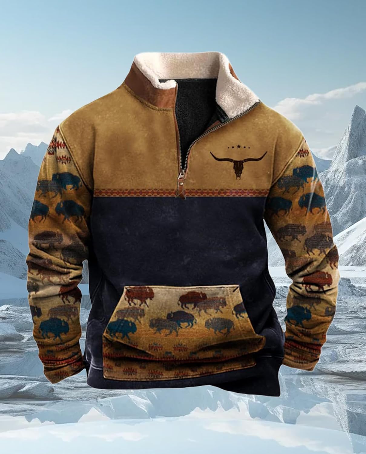 Western Sweatshirts for Men Aztec Cowboy Vintage Graphic Fleece Hoodie Mens Quarter Zip Pullover Country Jacket - Image 5