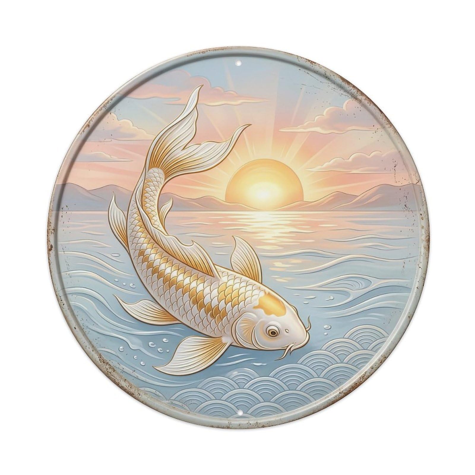 Sunrise Gold Horizon Koi Fish Metal Tin Sign Plaque Wall Decor for Cafe, Club, Garden Round Metal Poster 8x8Inch