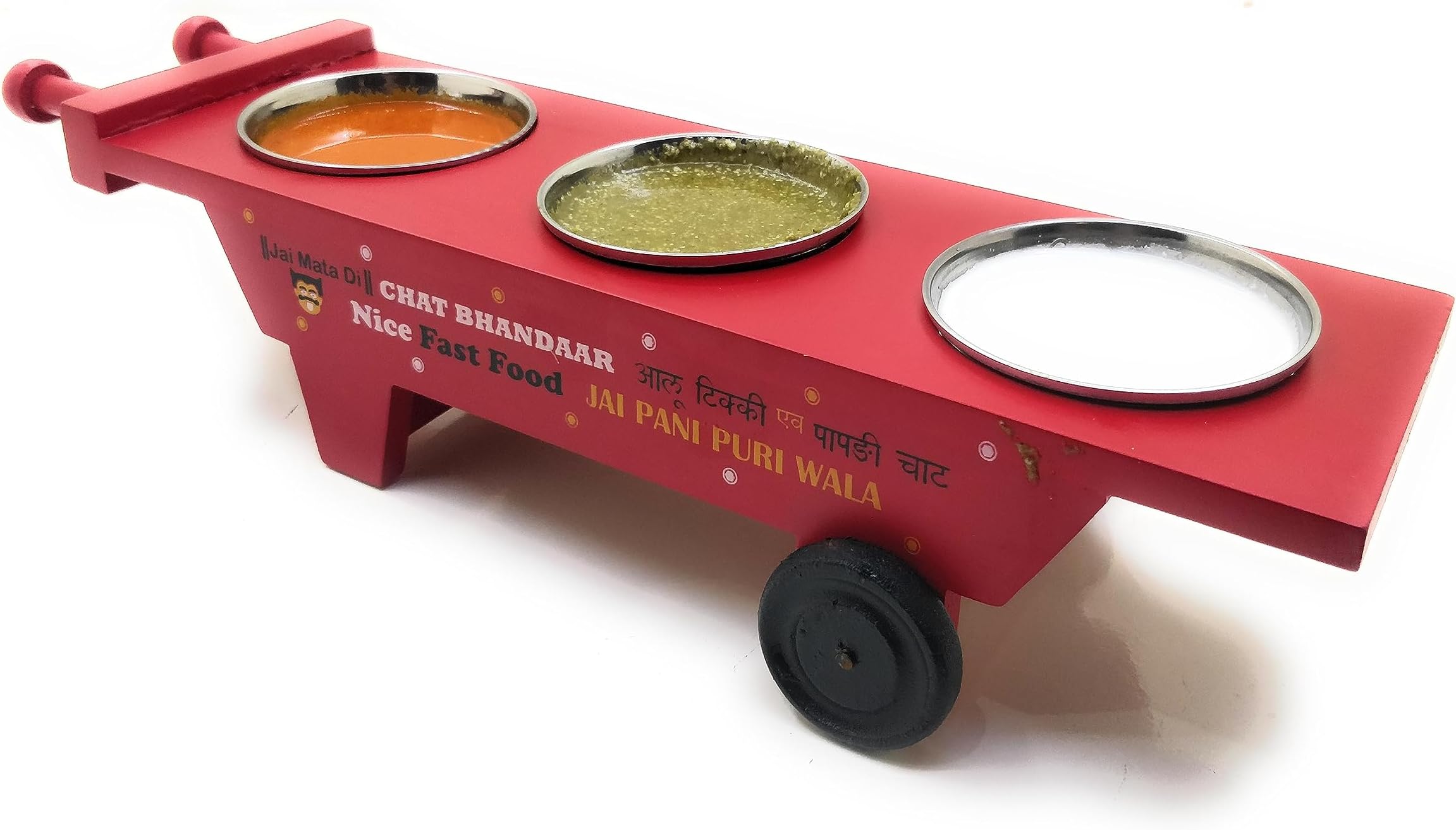 EK DO DHAI (DEVICE) Wood Solid Haath Gadi Dip With 3 Detachable Stainless Steel Bowls | Ideal For Snacks + Chutney + Dips | Red |, 1000 Ml