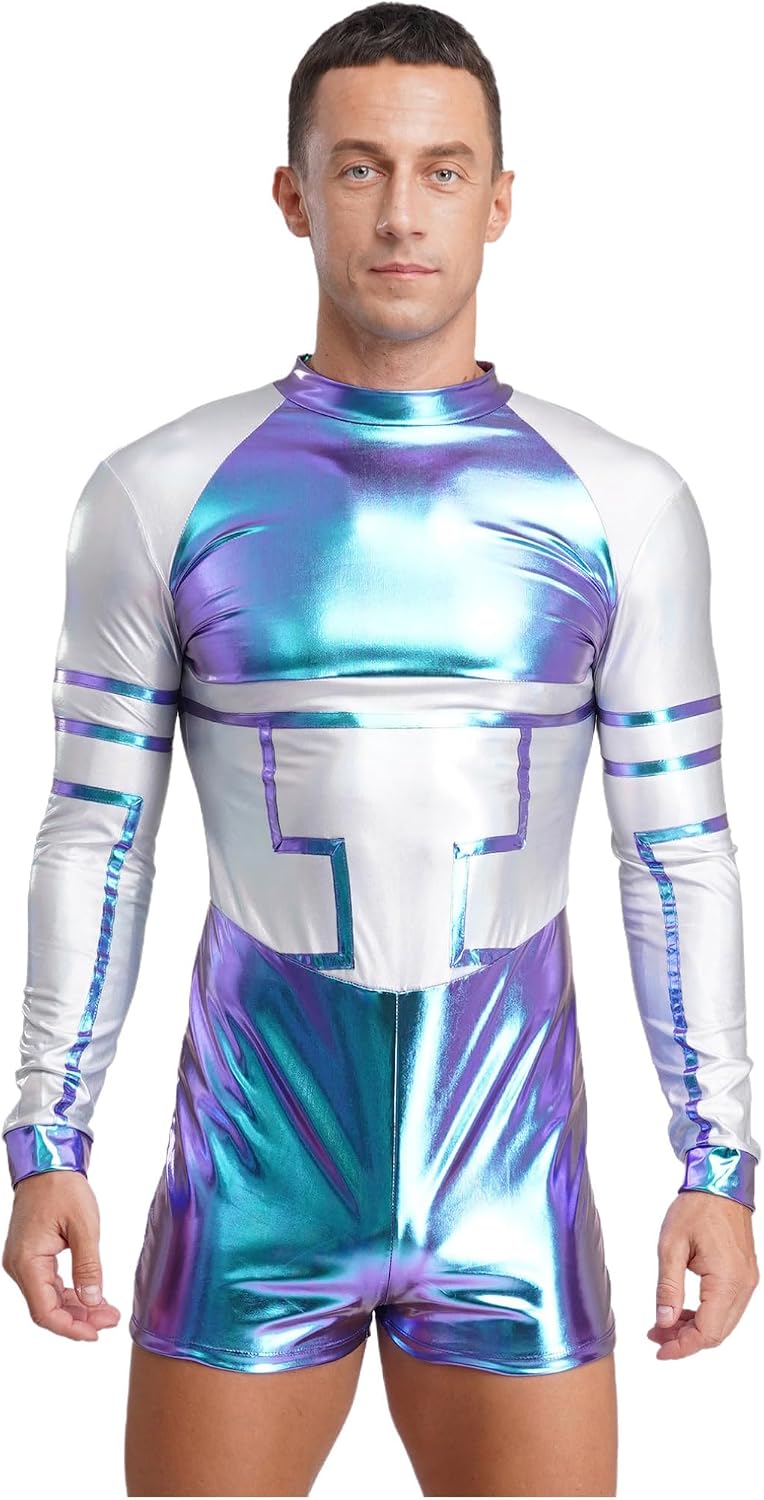 FEESHOW Metallic Shiny Alien Robot Cosplay Bodysuit for Mens Long Sleeve Space Astronaut Halloween