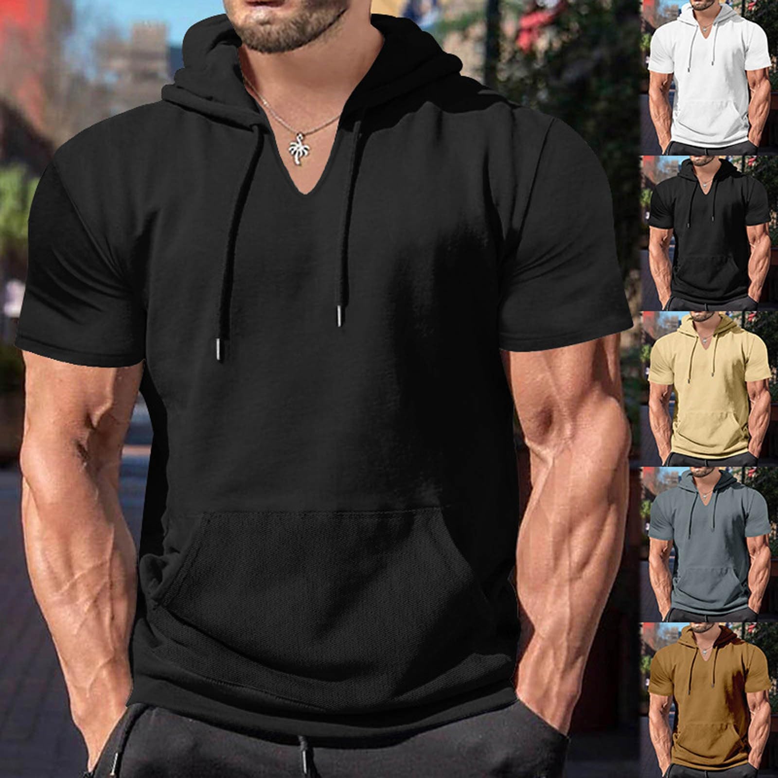 Maglietta da uomo con cappuccio, estiva, tinta unita, casual, a maniche corte, con cappuccio largo, sportivo, a maniche corte, per il tempo libero, comoda e traspirante
