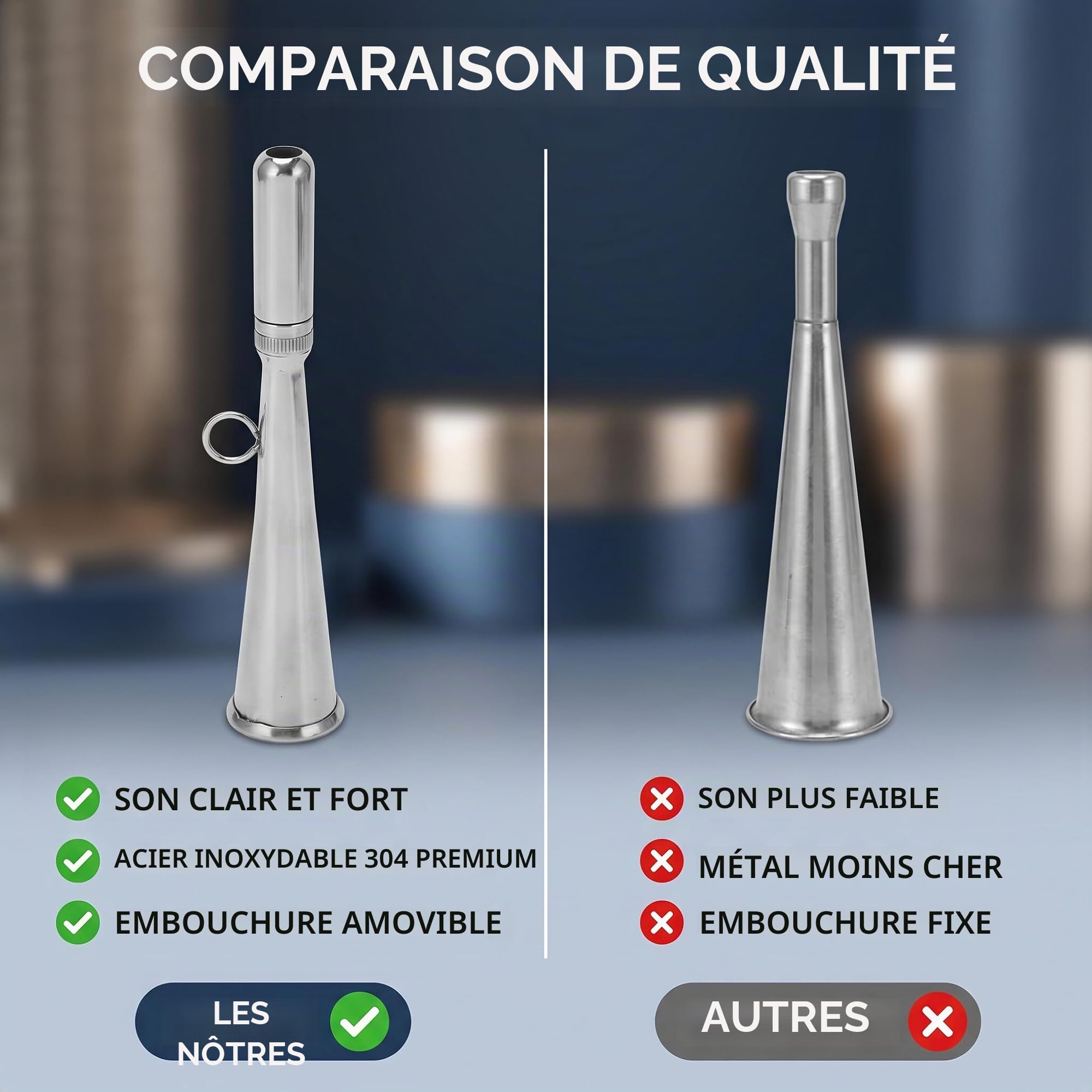 Corne de Brume Portative Manuelle en Acier Inoxydable, 150 dB, Embout Amovible, pour Bateaux, Camions, Trains