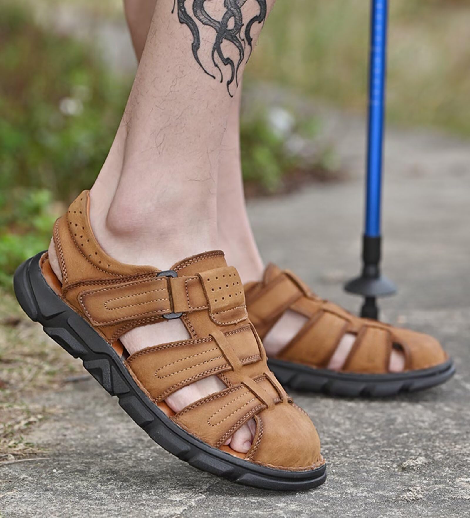 Rivccku Sandalias de Cuero con punta cerrada para hombre,Sandalias deportivas al aire libre 38-48