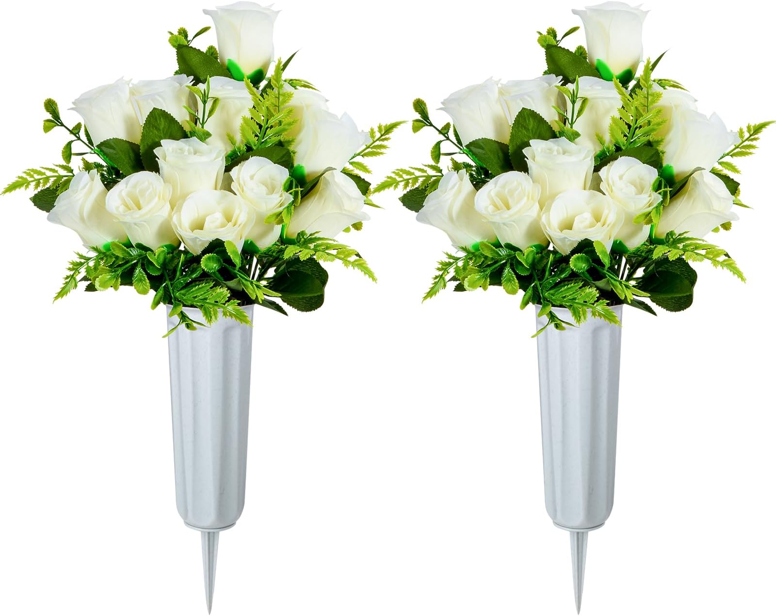XONOR Artificial Cemetery Flowers, Set of 2 Artificial Rose Bouquet Grave Memorial Flowers with Vase for Cemetery Headstones Decoration (White)