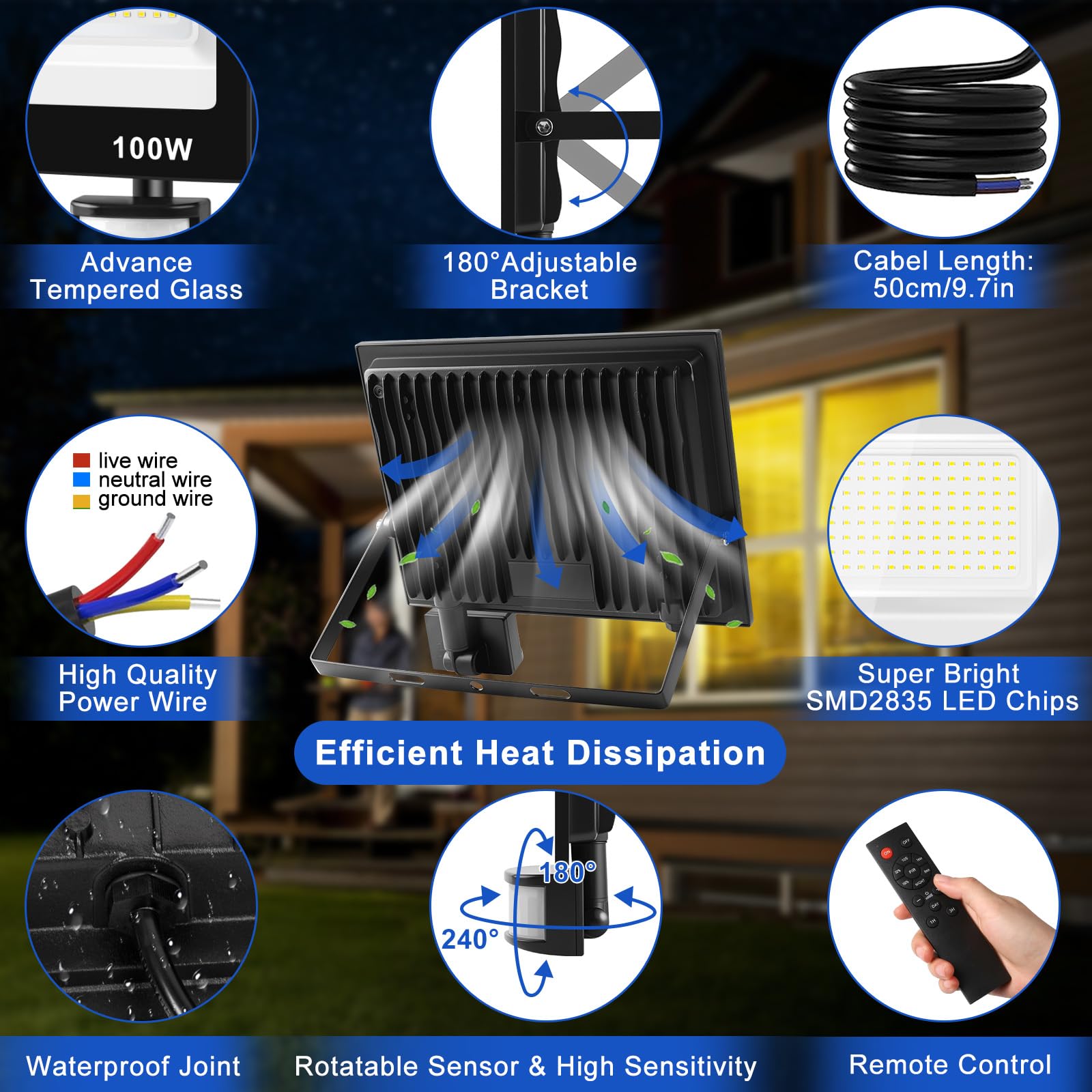 100W Focos Led Exterior con Sensor Movimiento,4 Modos 10 Brillo Foco Proyector LED con Mando a Distancia,10000LM,7000K Blanco Frío IP67 Impermeable Foco LED para Patio,Garaje,Jardín