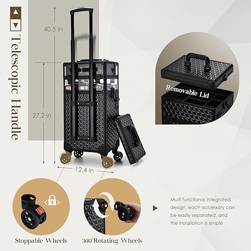 Miniatura 5 de Profesional 3 en 1 Estuche de maquillaje con ruedas Estuche de tren cosmético con ruedas Gran Capacidad Maquillaje Trolley Salon Barber Traveling