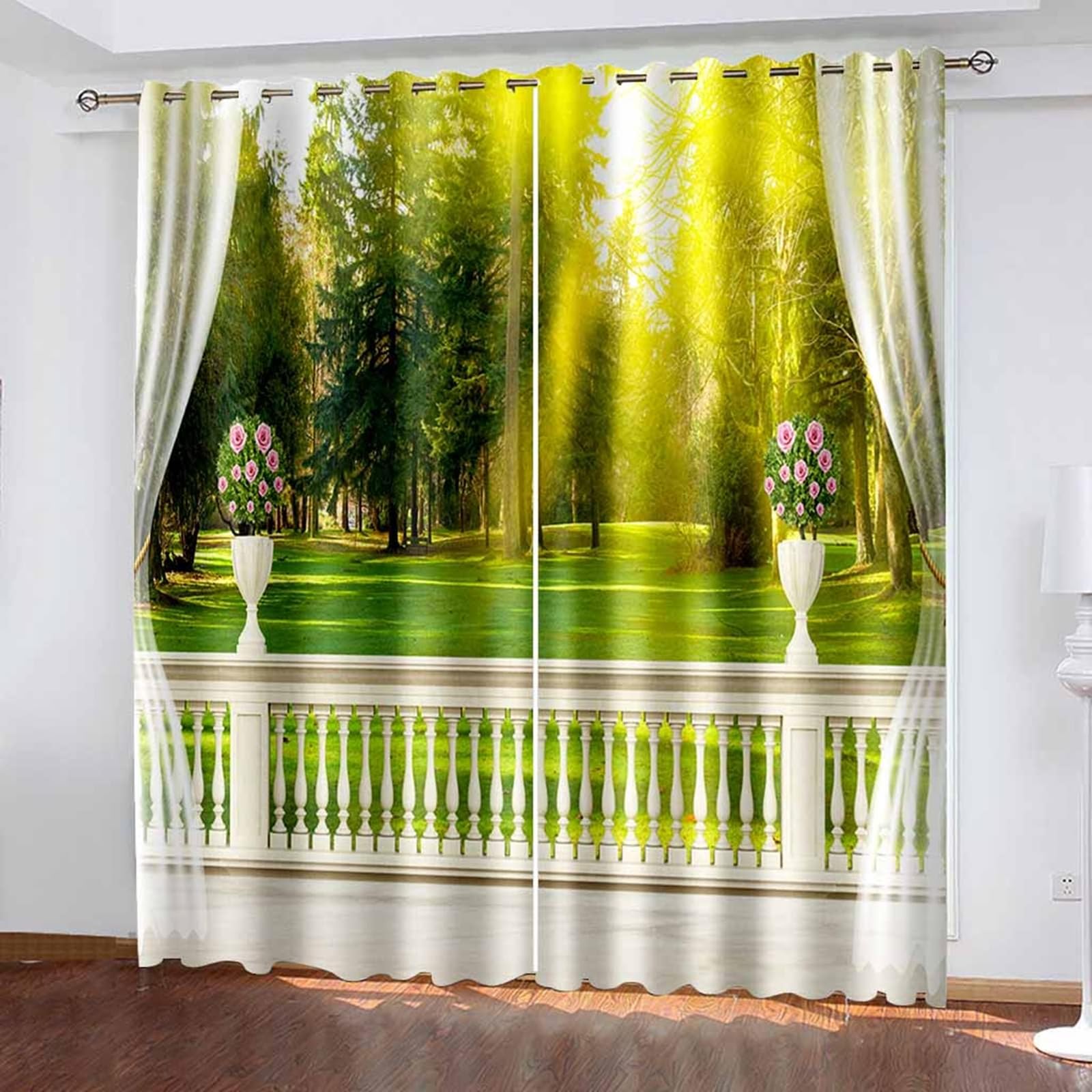 Blickdichter Vorhang 160 cm Lang, Vorhänge Verdunkelung mit Ösen 2er Set Gelb Grün Balkon Grasland Wald Landschaft Gardinen für Wohnzimmer Schlafzimmer Kinderzimmer, 107x160 cm(BxH)